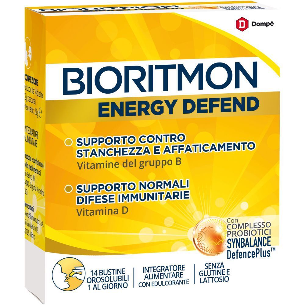 Scatola gialla con logo "Bioritmon Energy Defend". Contiene 14 bustine. Testo: Supporto contro la stanchezza, sistema immunitario, vitamina D.