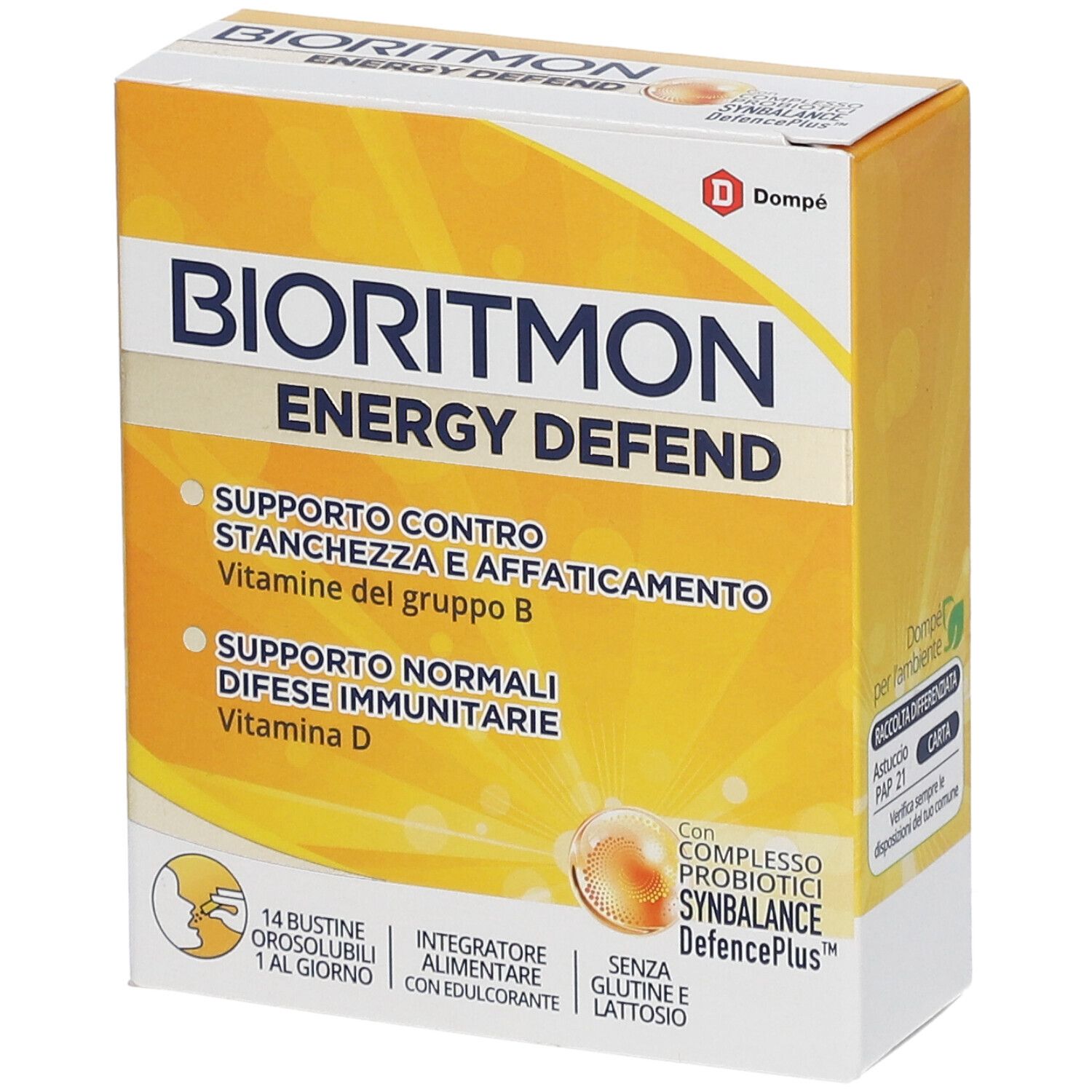 Scatola bianca e gialla con logo "Bioritmon Energy Defend". Contiene 14 bustine. Testo: Supporto contro la stanchezza, sistema immunitario, vitamina D.