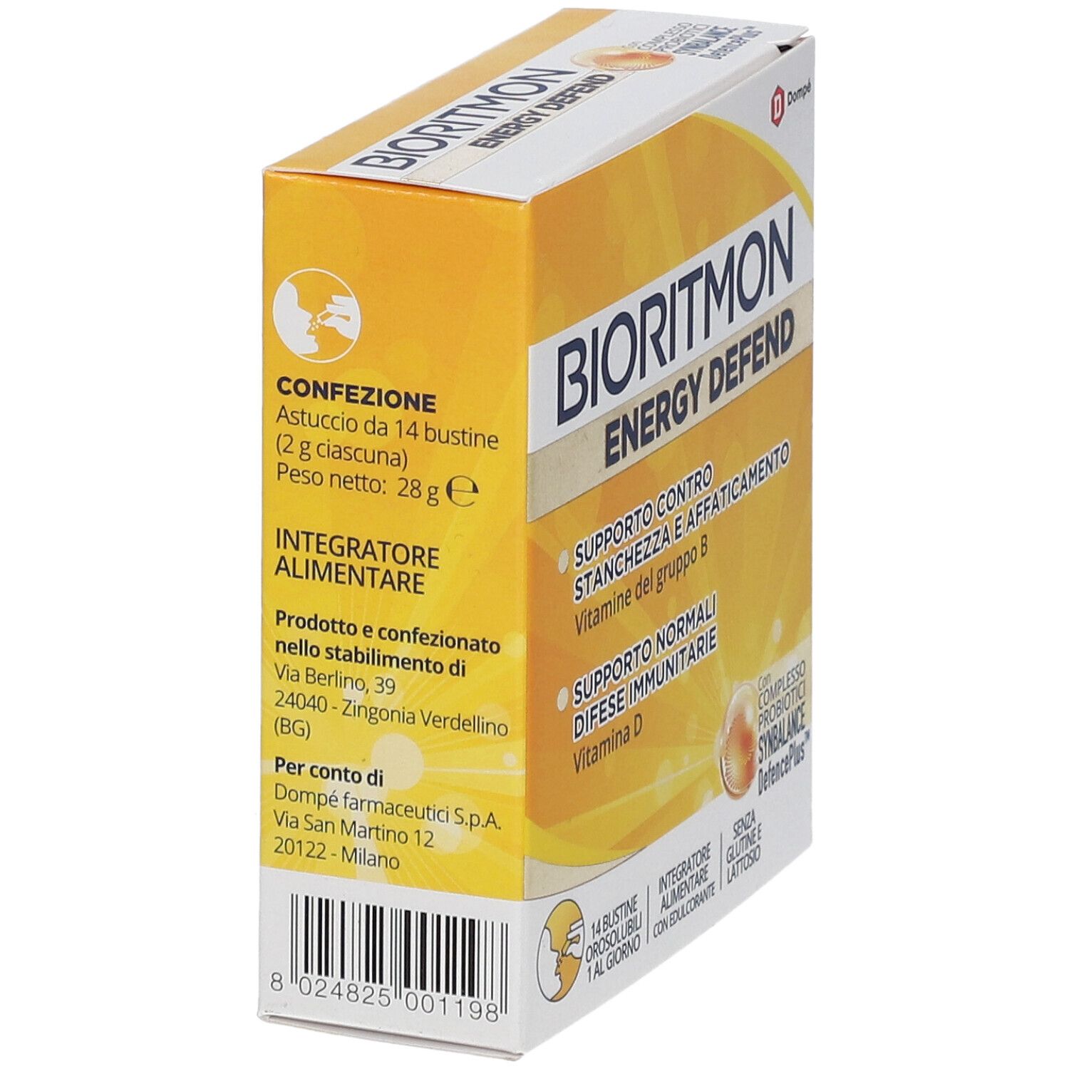 Scatola gialla con logo "Bioritmon Energy Defend". Contiene 14 bustine. Testo: Supporto contro la stanchezza, sistema immunitario, vitamina D.