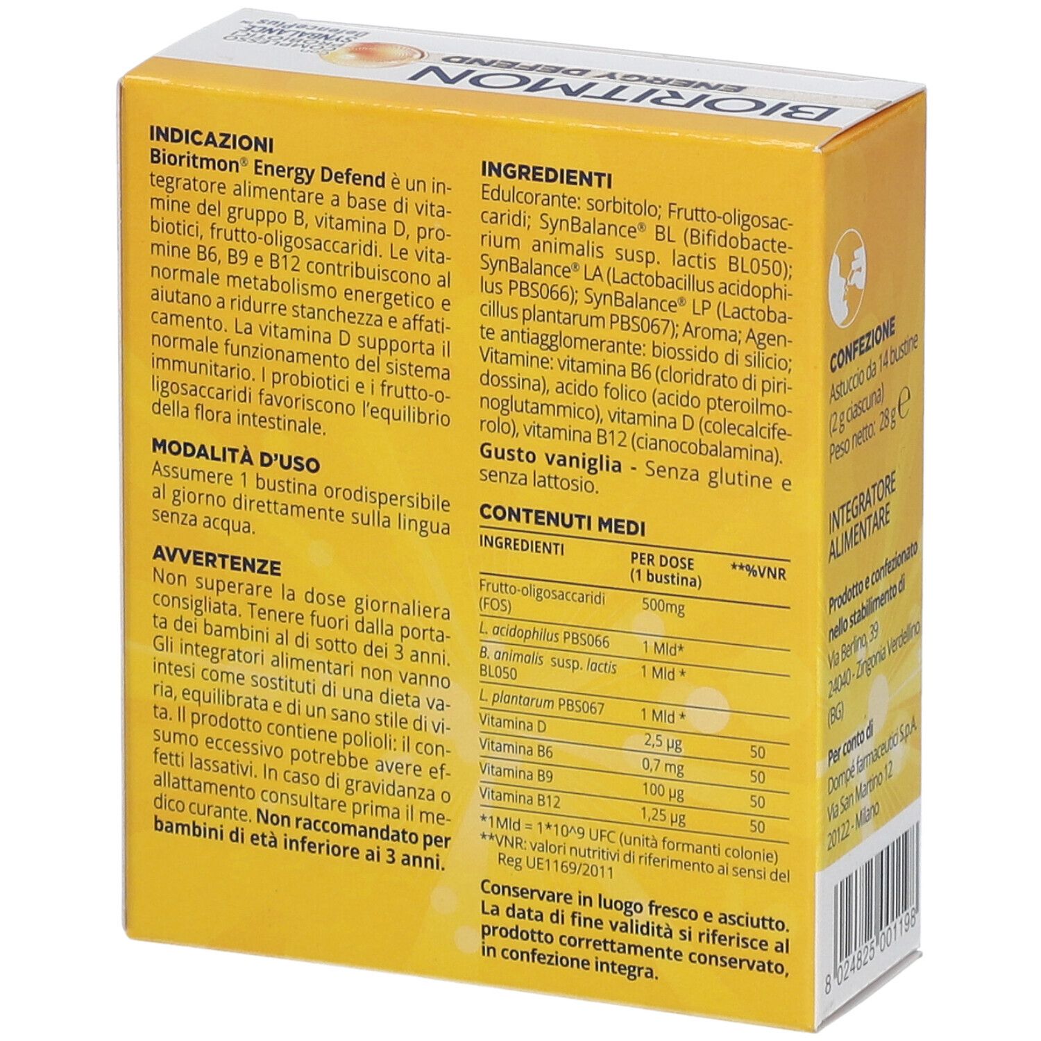 Scatola gialla con testo e informazioni. Contiene ingredienti e dosaggio. Marca: Bioritmon Energy Defend.