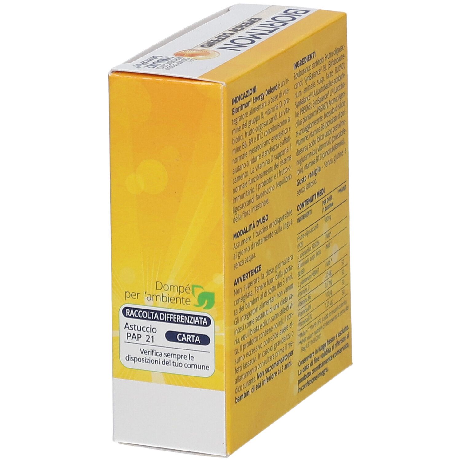 Scatola gialla con testo e informazioni. Contiene ingredienti e dosaggio. Marca: Bioritmon Energy Defend.