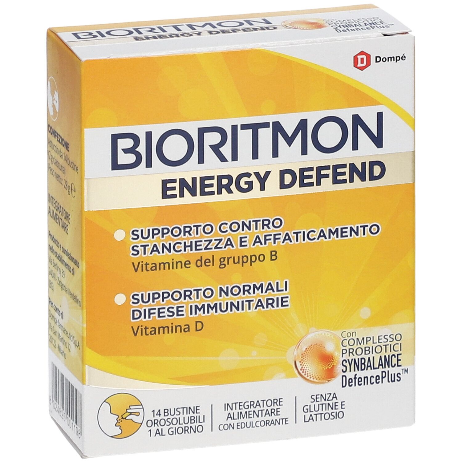 Scatola gialla con logo "Bioritmon Energy Defend". Contiene 14 bustine. Testo: Supporto contro la stanchezza, sistema immunitario, vitamina D.