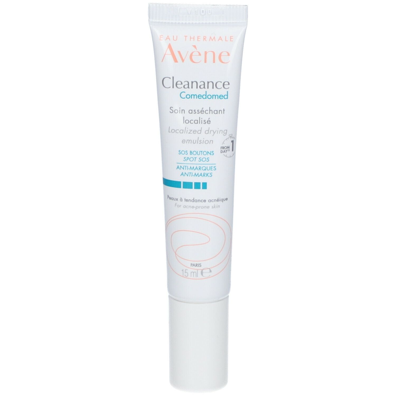 Tubo bianco Eau Thermale Avène Cleanance Comedomed. Scritte SOS brufoli, anti-segni. Per pelle a tendenza acneica.