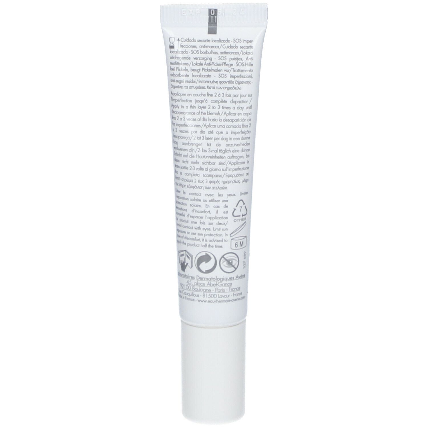 Retro del tubo bianco. Testo multilingue. Informazioni su ingredienti, uso e avvertenze.
