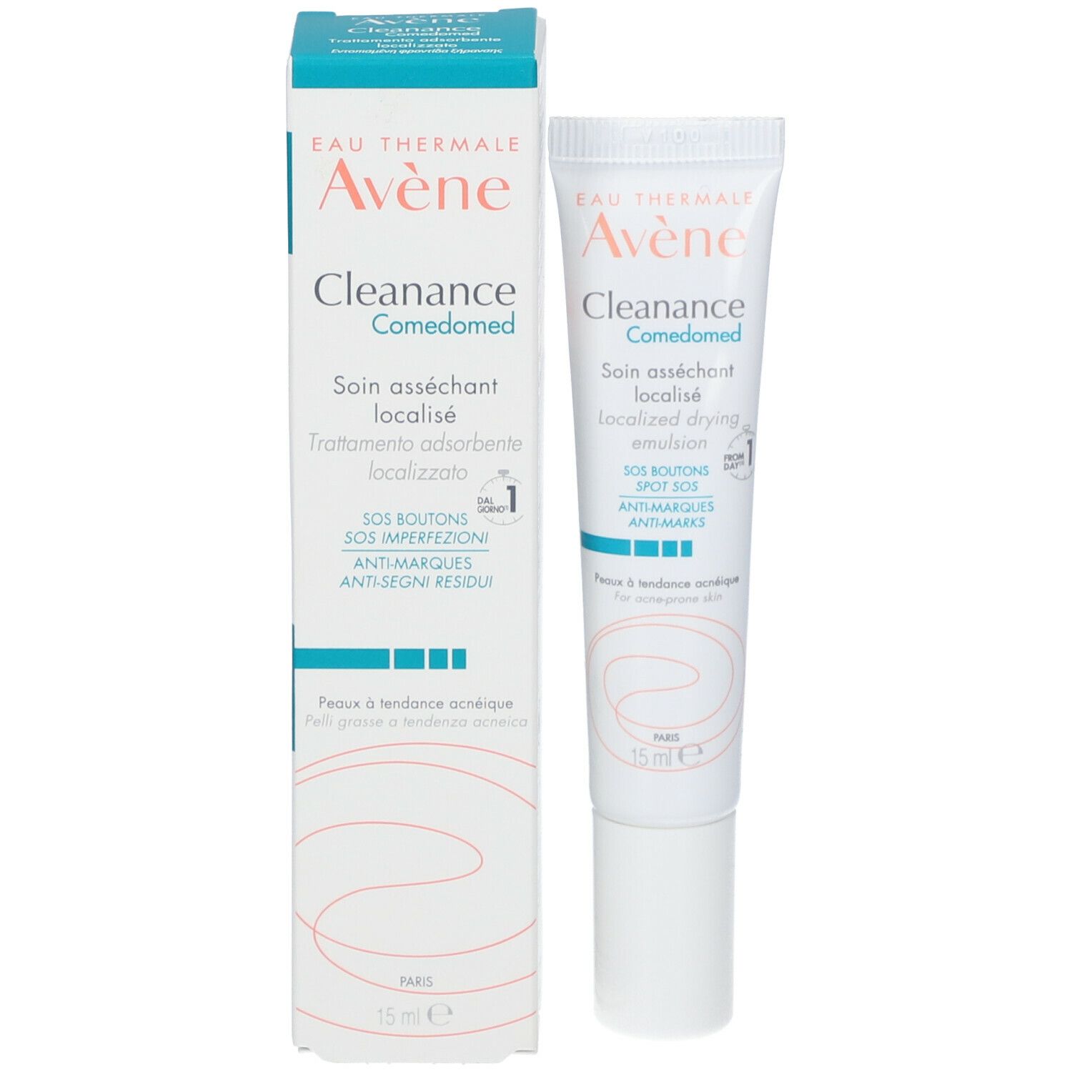 Confezione prodotto con tubo e scatola. Eau Thermale Avène Cleanance Comedomed. SOS brufoli, anti-segni. Pelle acneica.