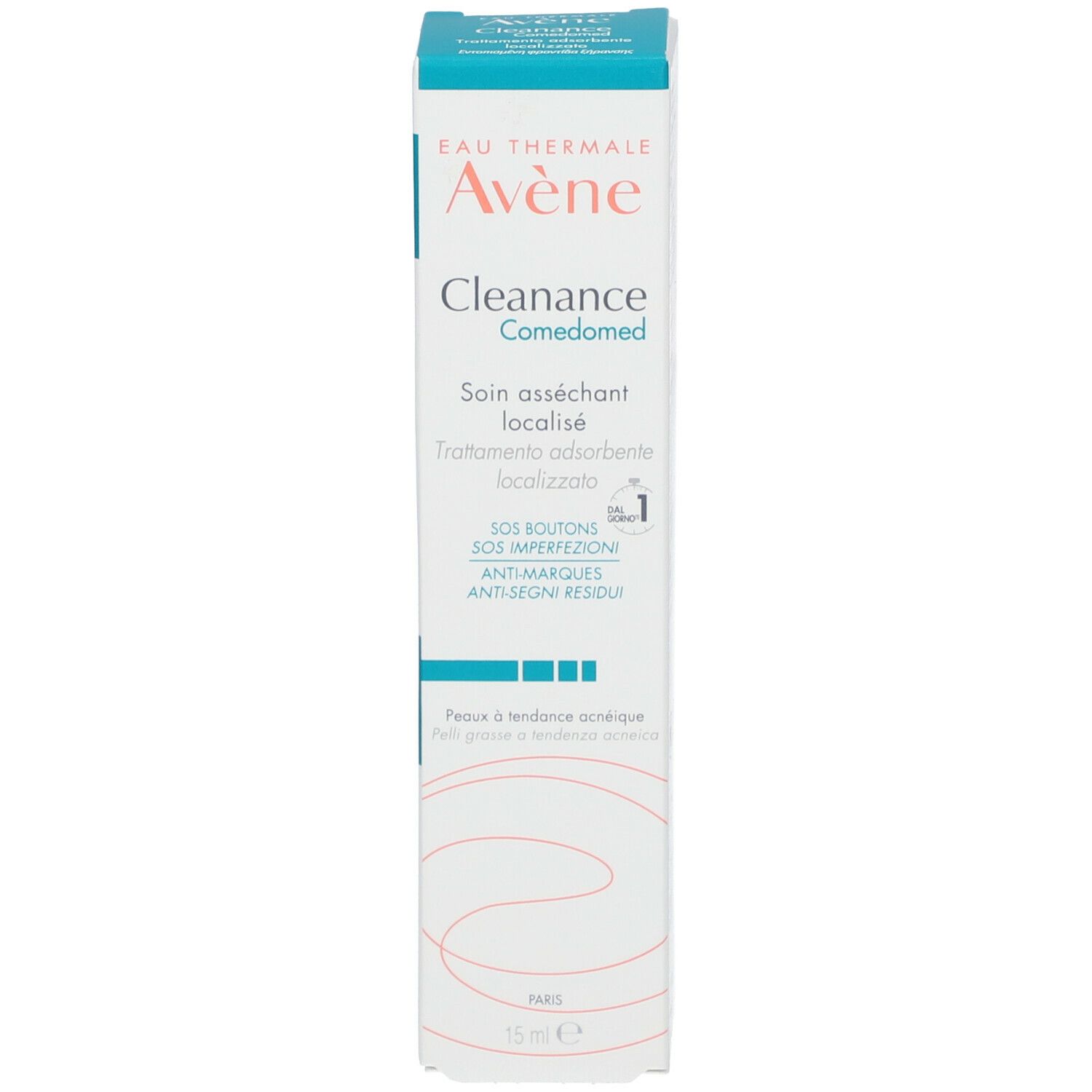 Scatola Eau Thermale Avène Cleanance Comedomed. Scritte SOS brufoli, anti-segni. Per pelle a tendenza acneica.