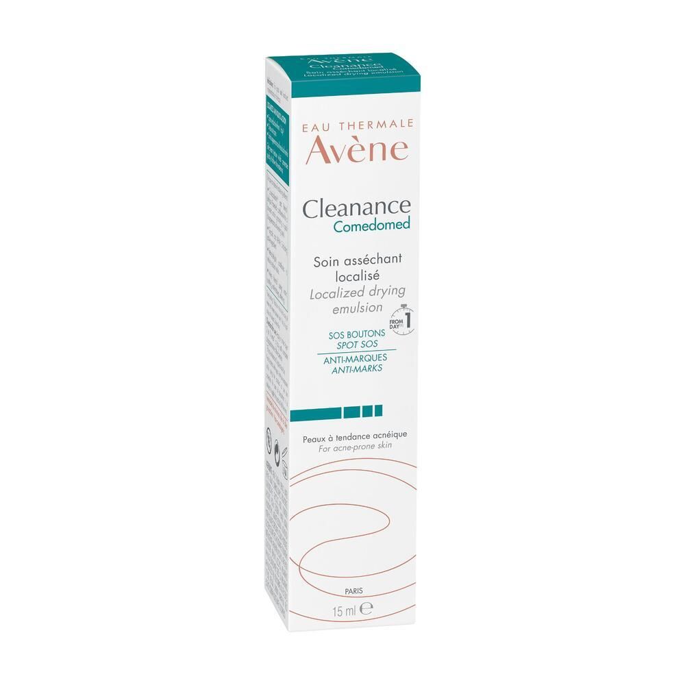 Scatola Eau Thermale Avène Cleanance Comedomed. Scritte SOS brufoli, anti-segni. Per pelle a tendenza acneica.