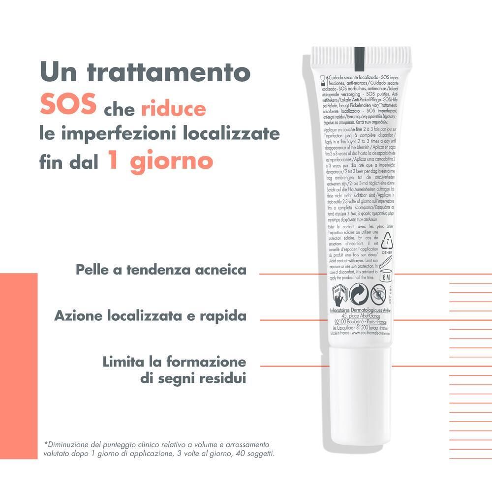 Tubo bianco con testo: Un trattamento SOS che riduce le imperfezioni localizzate. Per pelle acneica. Azione rapida.