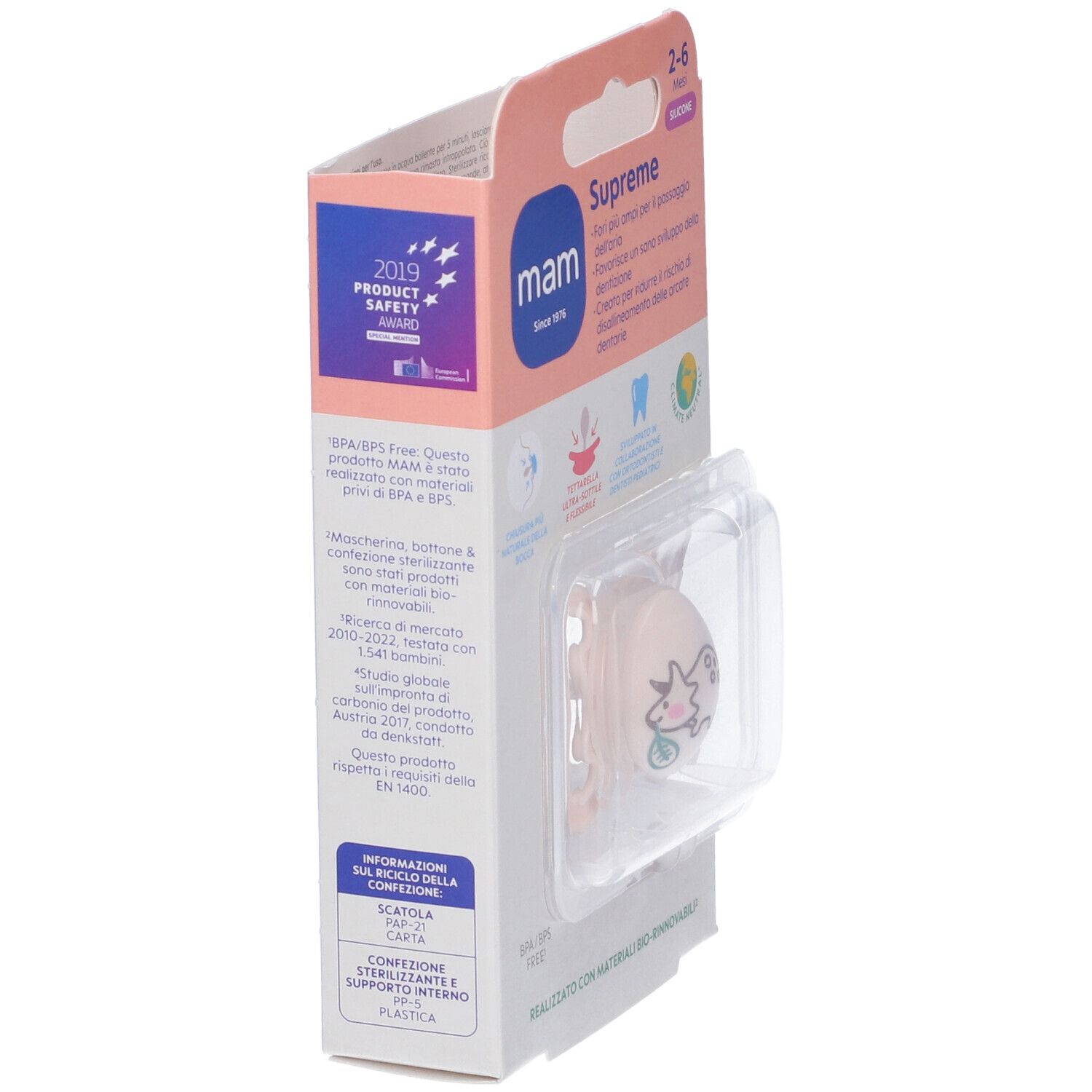 Succhietto MAM Supreme rosa, motivo dinosauro. 2-6 mesi. Senza BPA/BPS. In silicone. Informazioni sulla confezione.