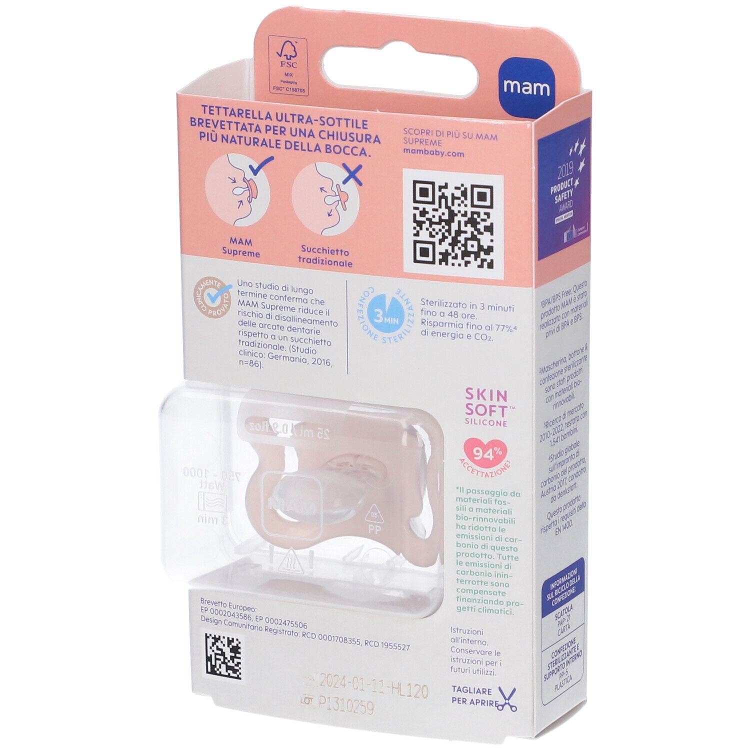 Retro della confezione del succhietto MAM Supreme. Rosa, con informazioni. 2-6 mesi. Silicone. Codice QR e certificazioni.