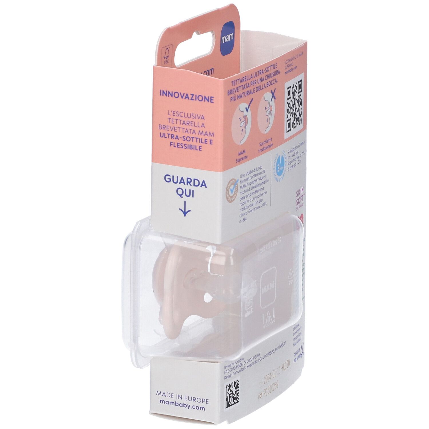 Succhietto MAM Supreme nella confezione. Rosa, con informazioni. 2-6 mesi. Silicone. Confezione con illustrazione.