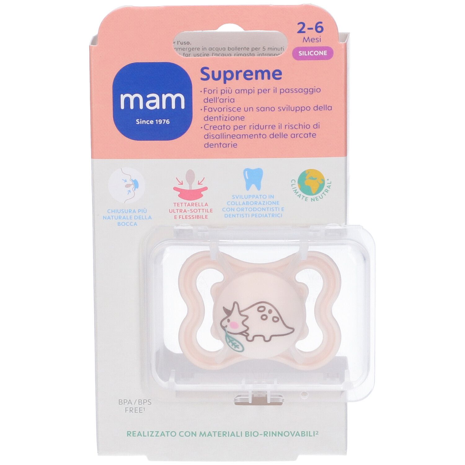 Succhietto MAM Supreme rosa, motivo dinosauro. 2-6 mesi. Senza BPA/BPS. In silicone. Con scatola di conservazione.