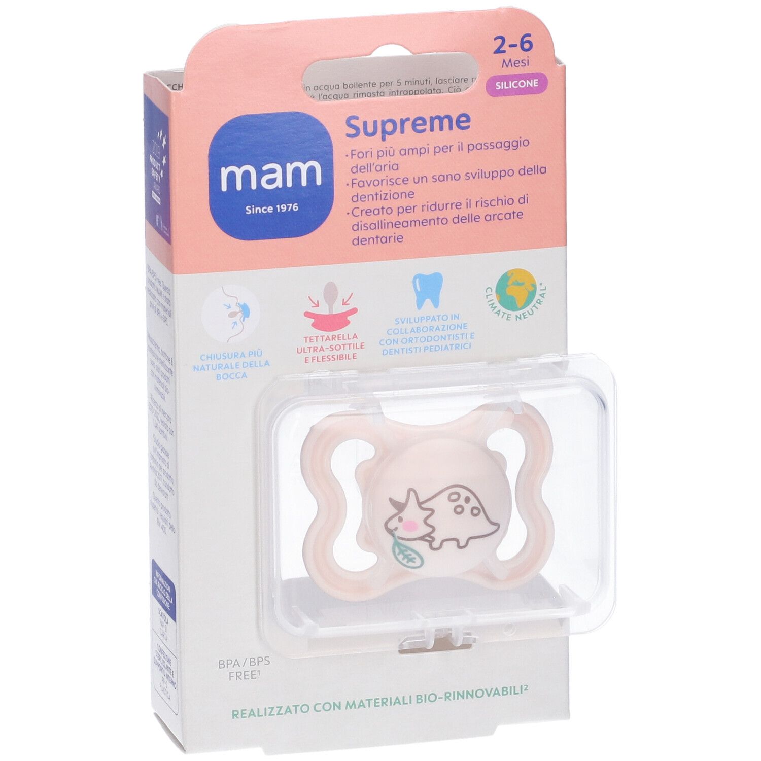 Succhietto MAM Supreme rosa, motivo dinosauro. 2-6 mesi. Senza BPA/BPS. In silicone. Con scatola di conservazione.
