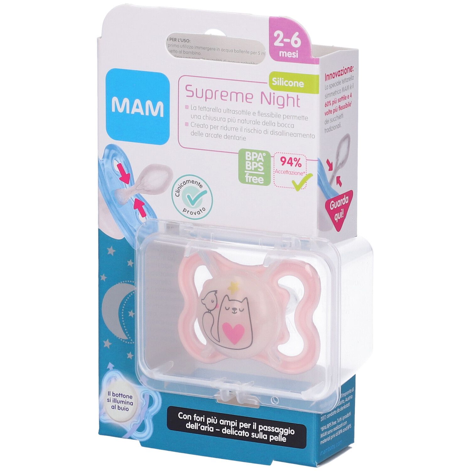 Mam Succhietto Supreme Night 2‑6m Silicone Single Box Femmina