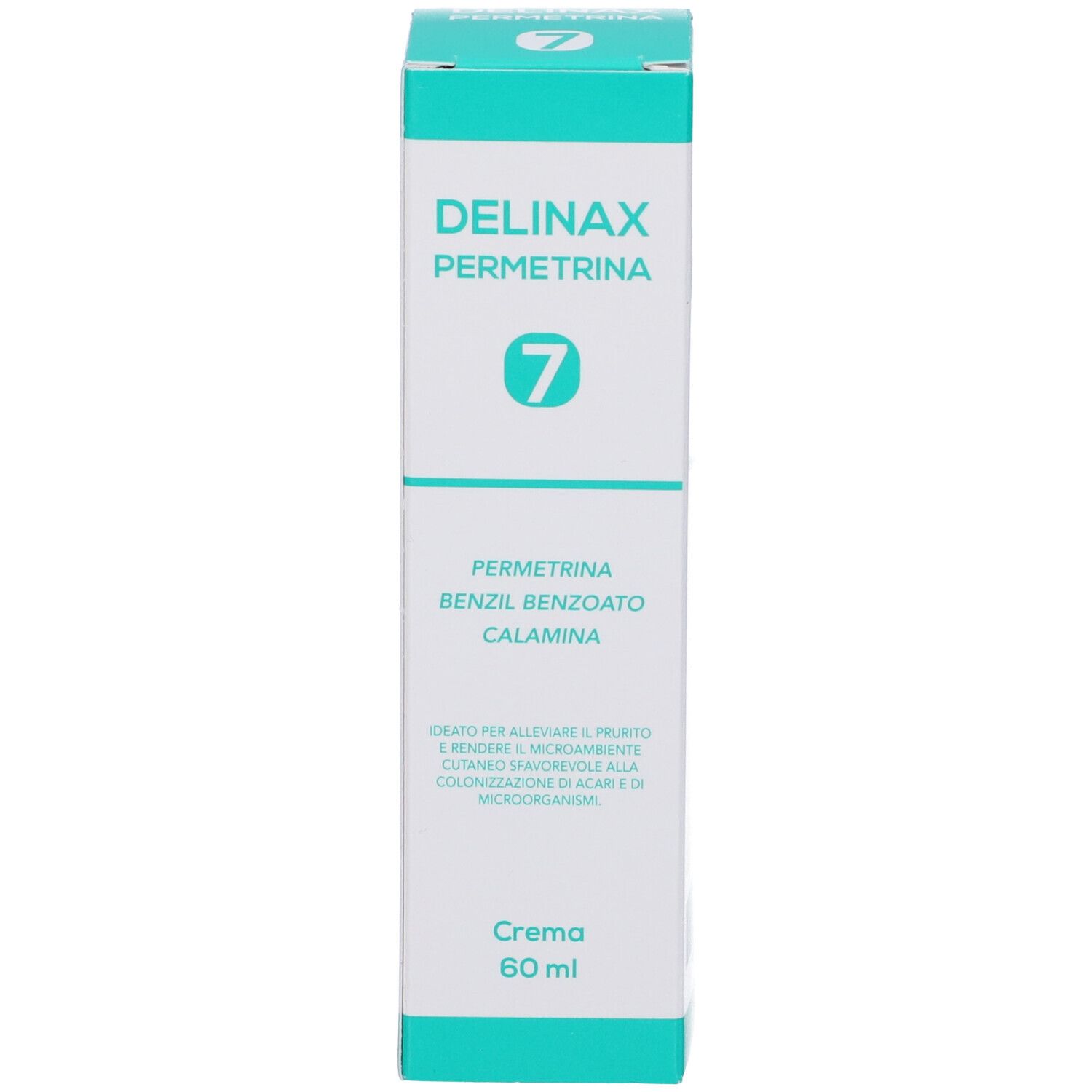 Crema Delinax Permetrina 60ml in confezione di cartone bianca e turchese.
