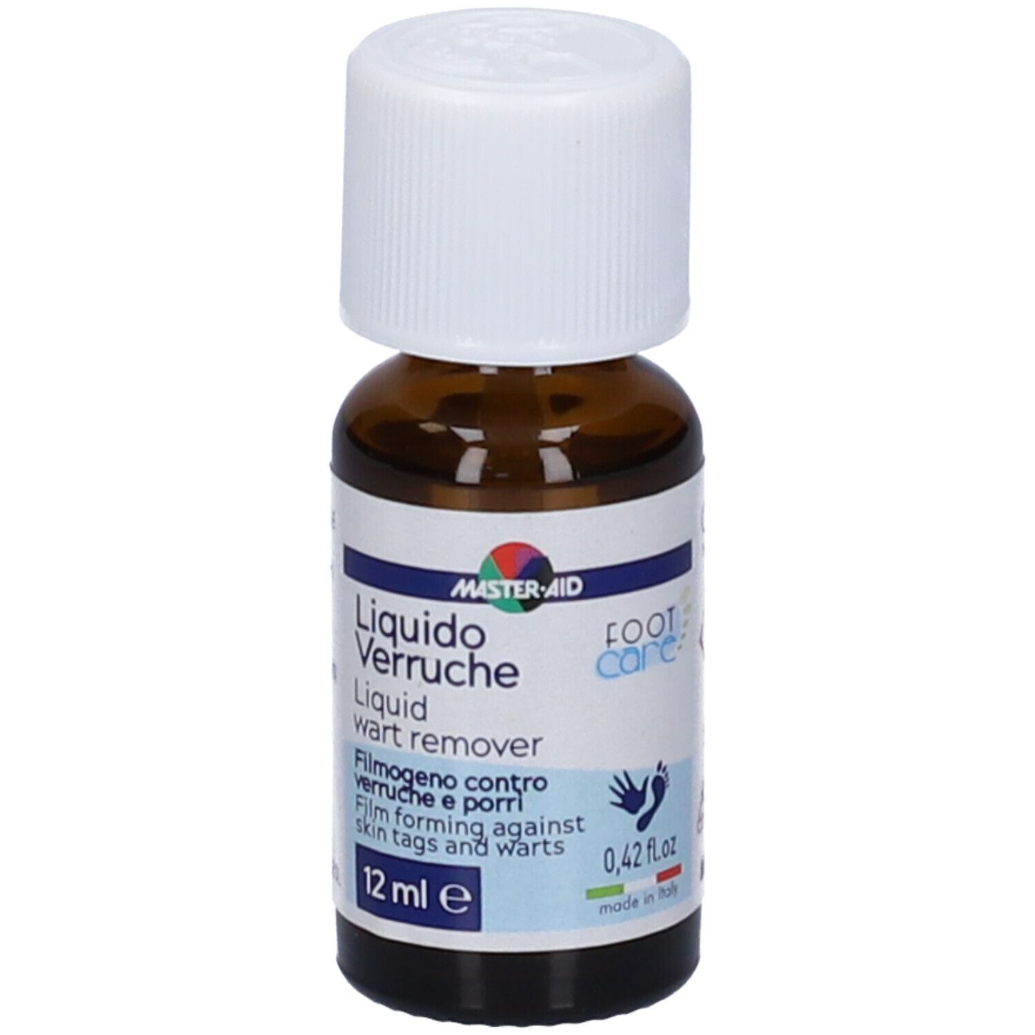 Master-Aid Liquid Verruche, flacone da 12 ml. Contiene 12 ml. Scritta: Liquid wart remover. Con tappo bianco.