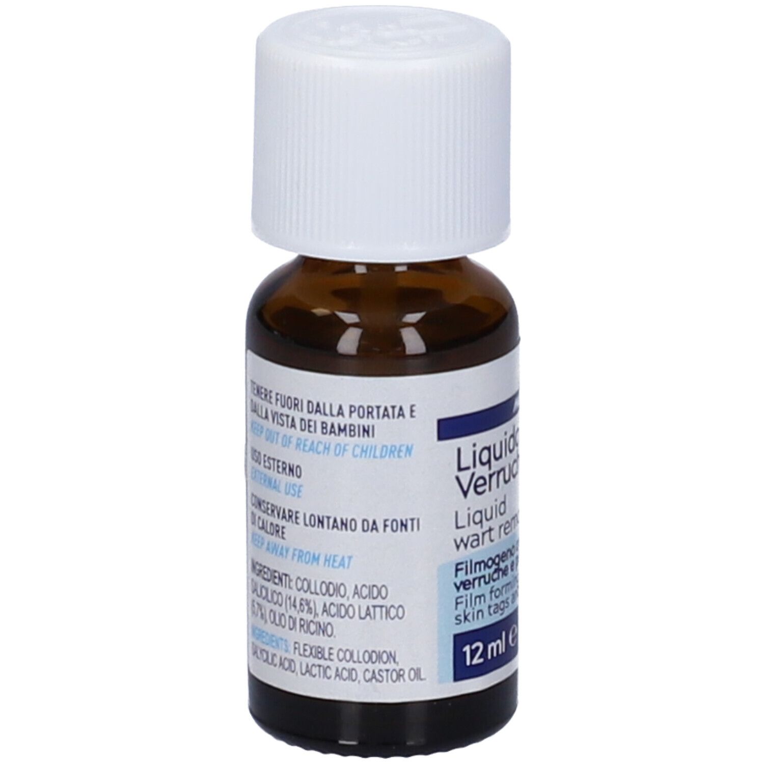 Master-Aid Liquid Verruche, flacone da 12 ml. Contiene 12 ml. Scritta: Liquid wart remover. Con tappo bianco.