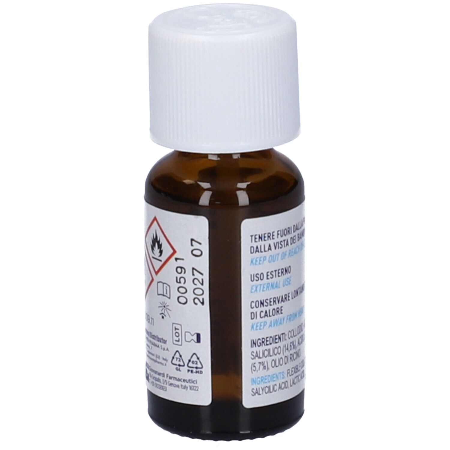 Master-Aid Liquid Verruche, flacone da 12 ml. Contiene 12 ml. Scritta: Liquid wart remover. Con tappo bianco.