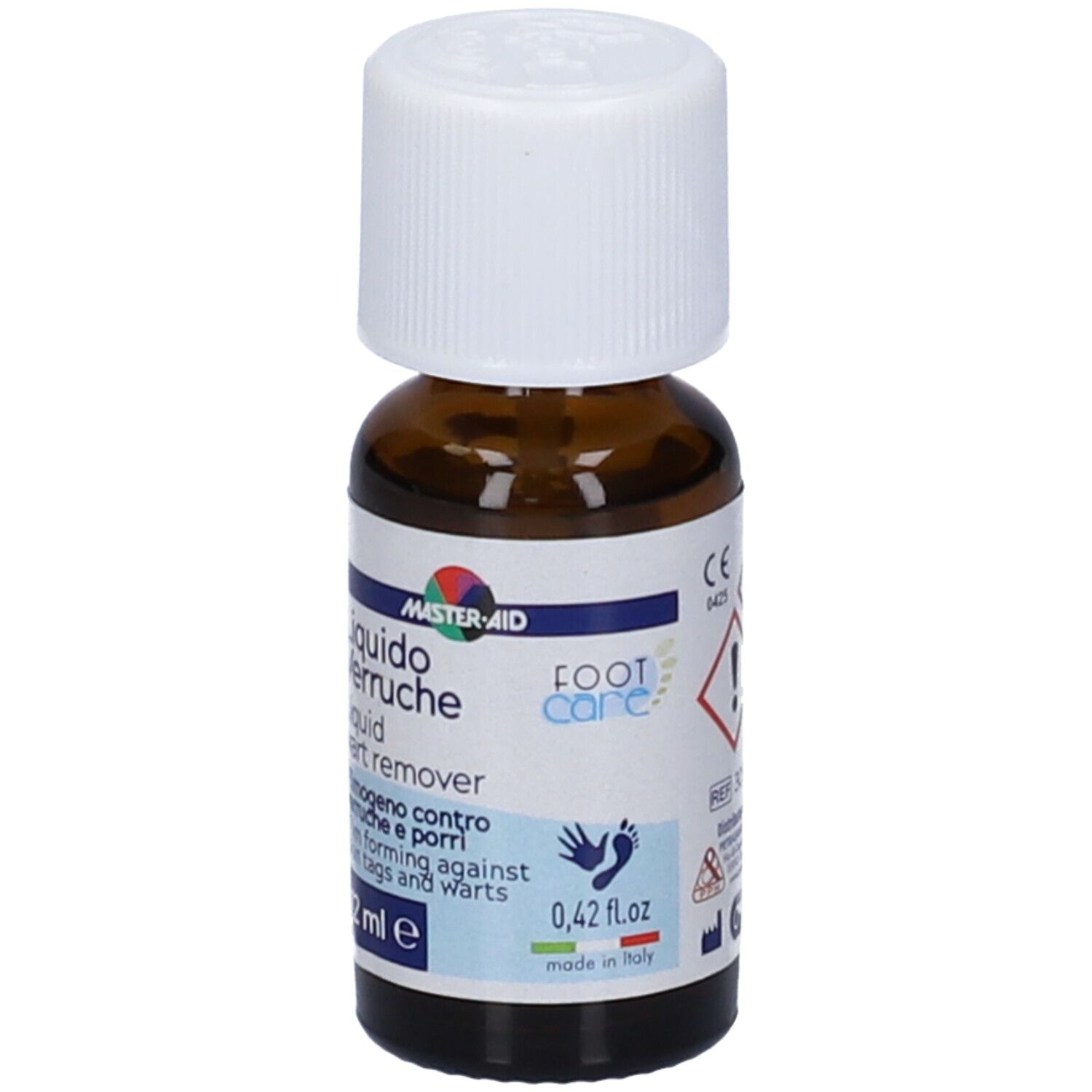 Master-Aid Liquid Verruche, flacone da 12 ml. Contiene 12 ml. Scritta: Liquid wart remover. Con tappo bianco.
