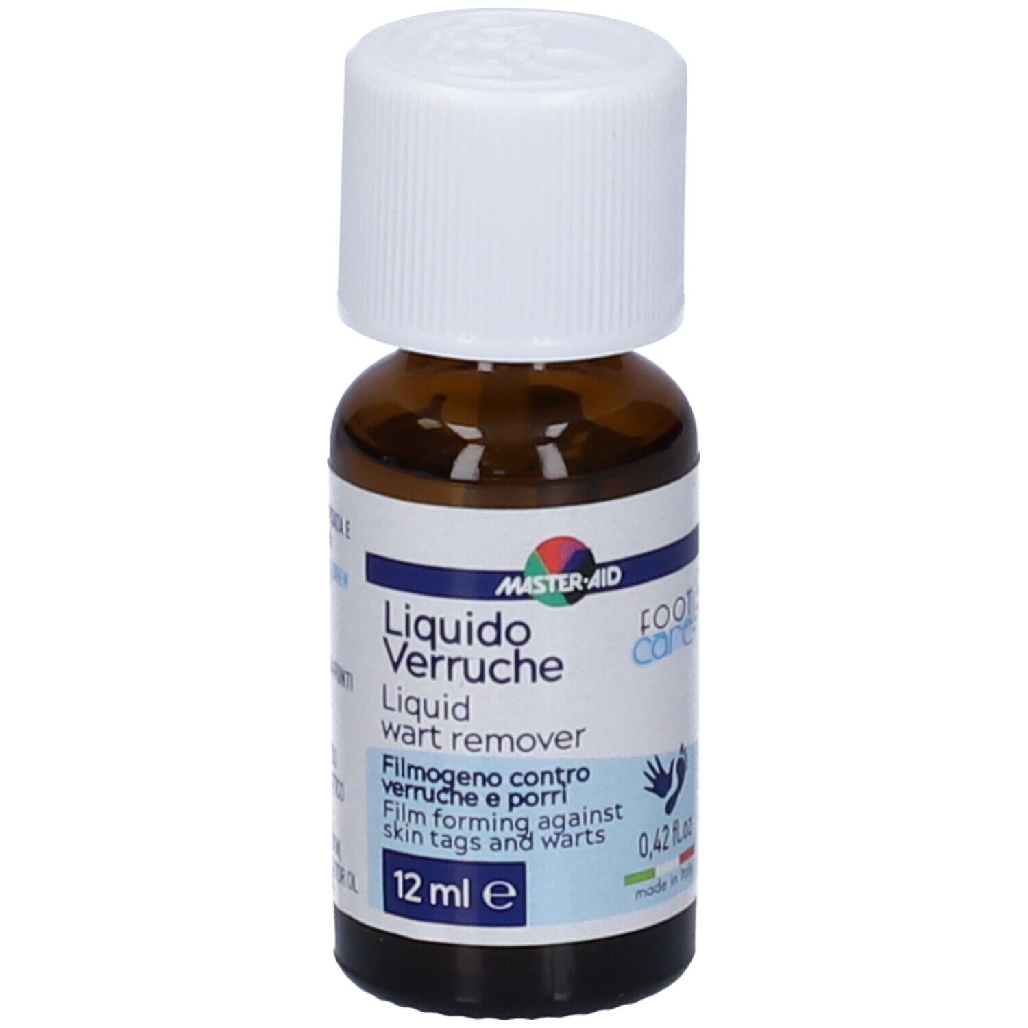 Master-Aid Liquid Verruche, flacone da 12 ml. Contiene 12 ml. Scritta: Liquid wart remover. Con tappo bianco.