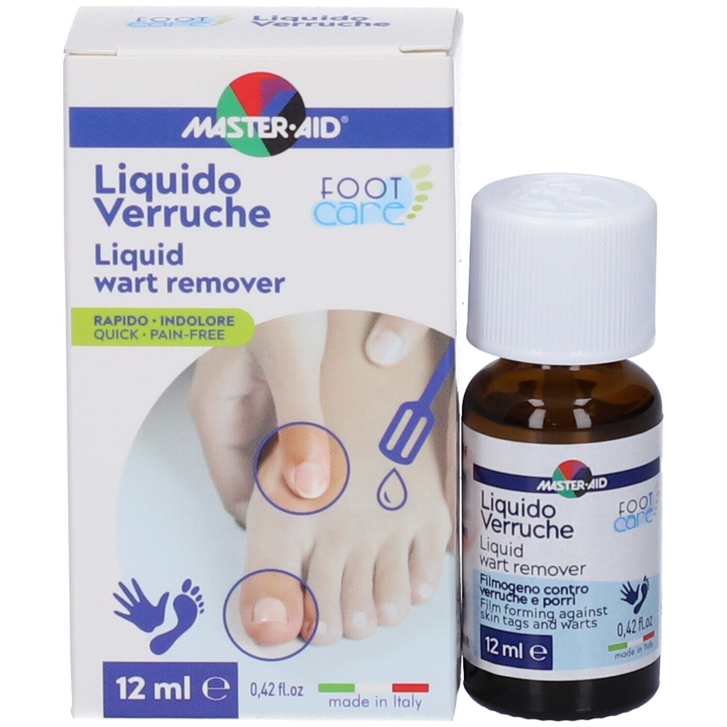 Master-Aid Liquid Verruche, flacone da 12 ml e confezione. Contiene 12 ml. Scritta: Liquid wart remover.