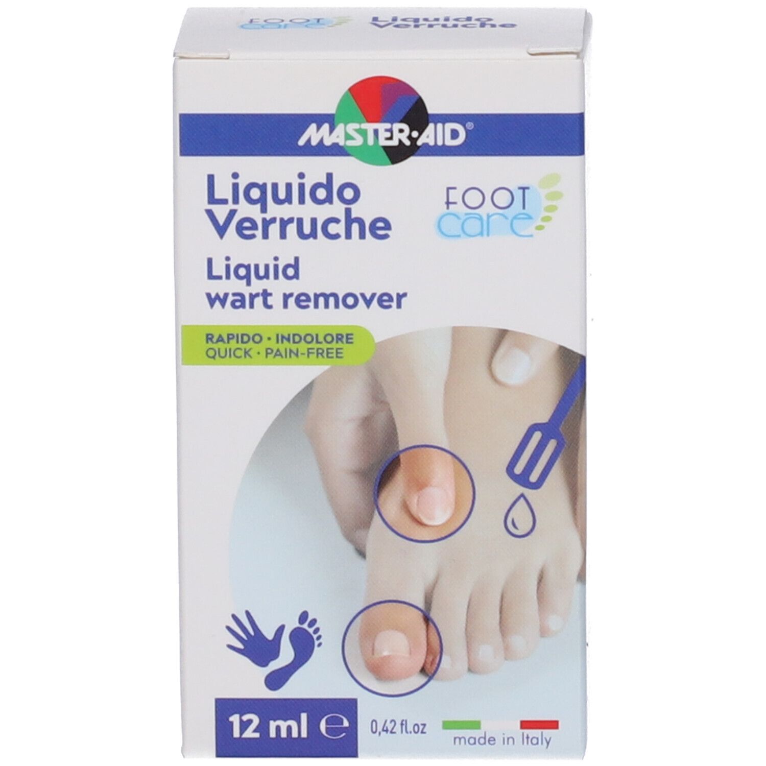 Master-Aid Liquid Verruche, flacone da 12 ml e confezione. Contiene 12 ml. Scritta: Liquid wart remover.