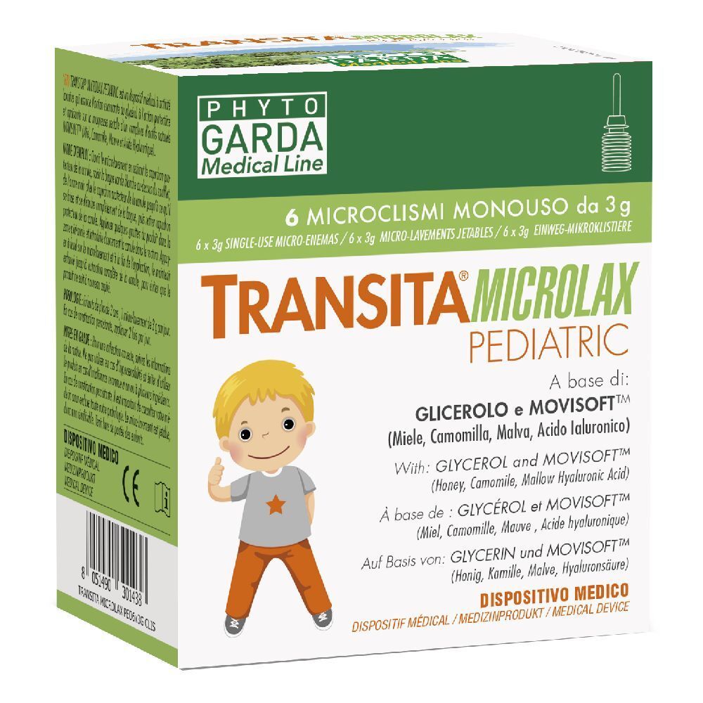 Confezione di Transita Microlax Pediatric. Contiene 6 microclismi. Illustrazione bambino e informazioni.