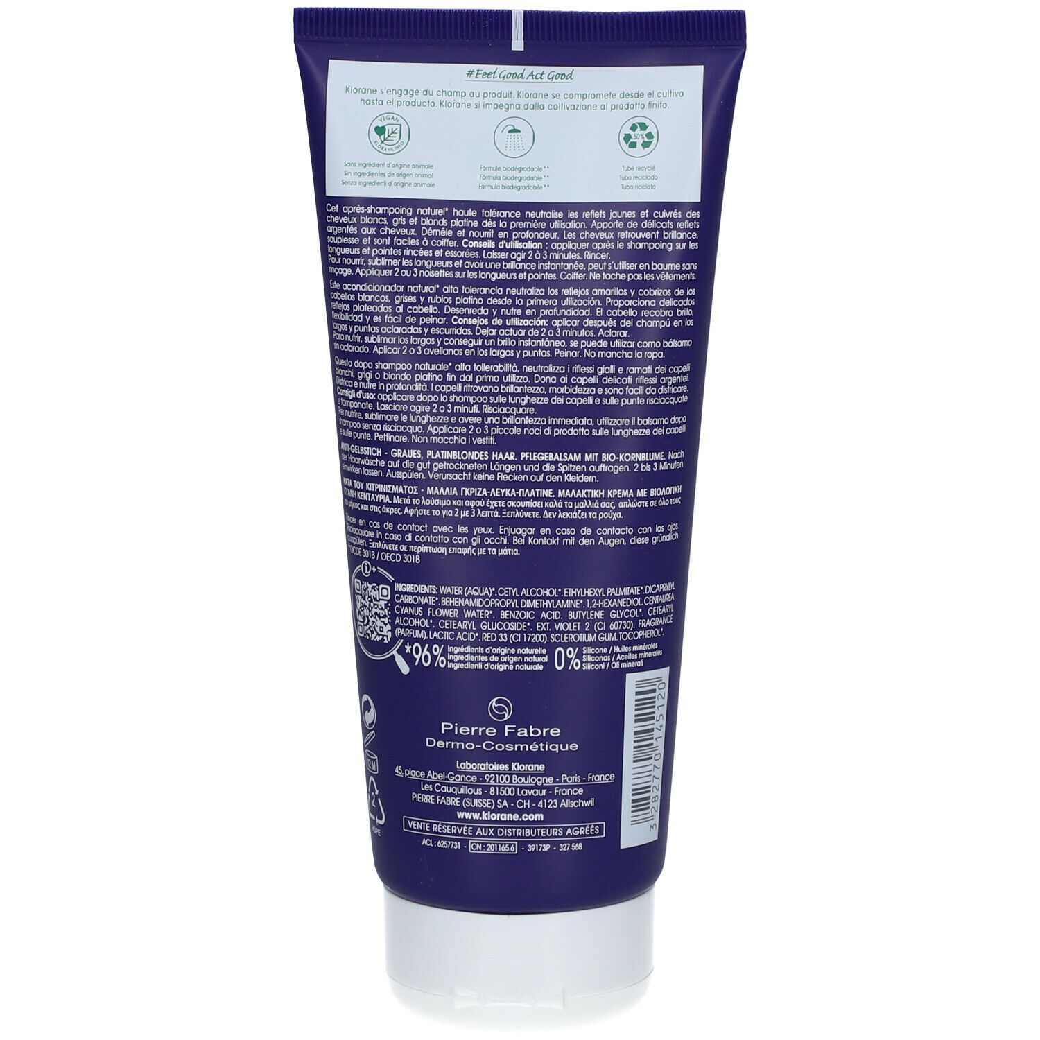 Retro del tubo viola. Testo: ingredienti, informazioni produttore, simbolo riciclo, 96% ingredienti naturali.