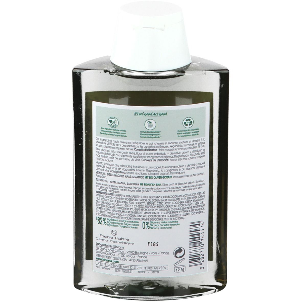 Dos du flacon de shampooing transparent. Texte avec ingrédients et informations. Logos de durabilité et de recyclage.