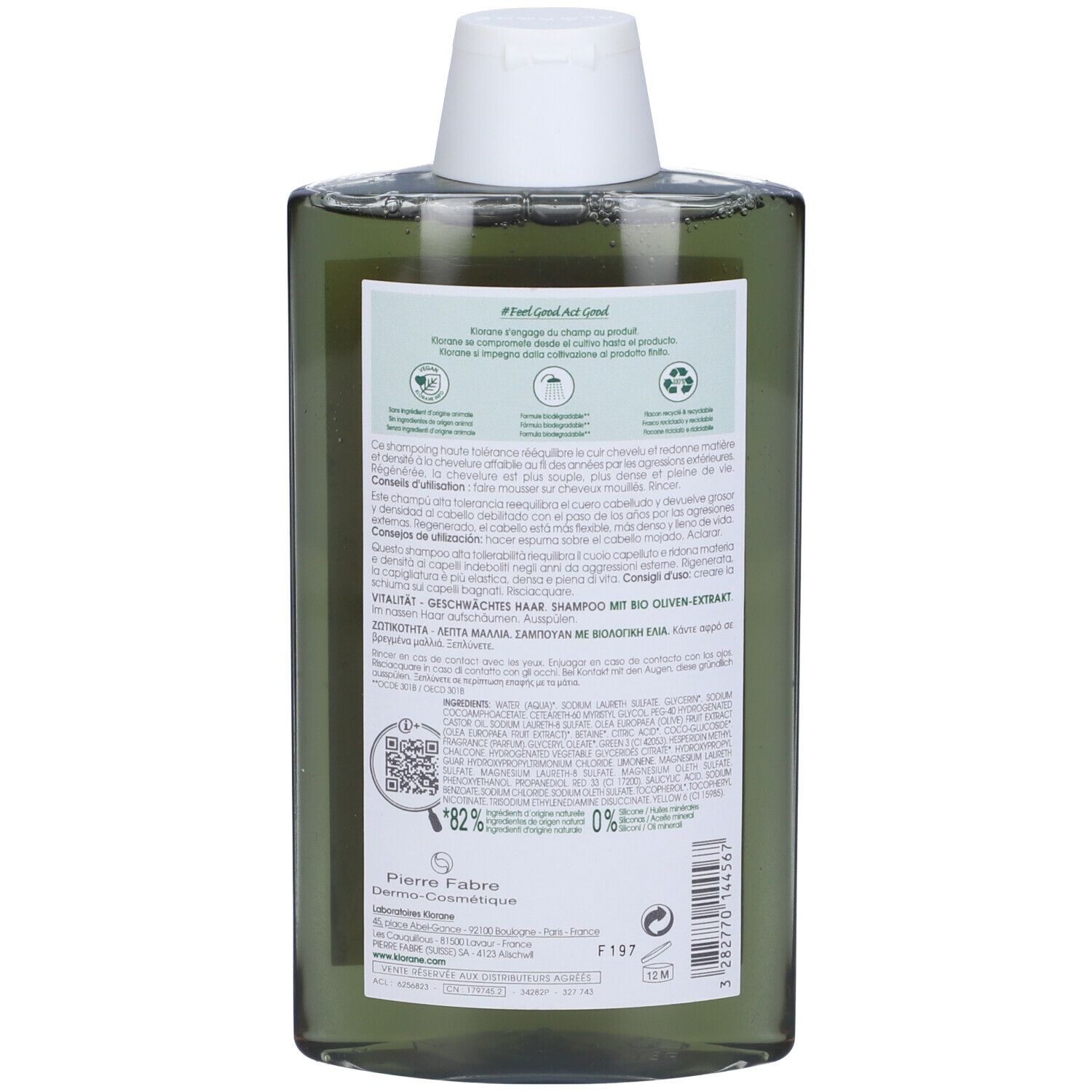 Retro del flacone di shampoo verde con testo e informazioni sul prodotto. Contiene l'82% di ingredienti naturali.