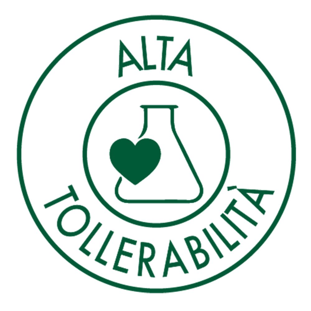Sigillo rotondo verde con testo 'ALTA TOLLERABILITÀ' e un cuore in una provetta.
