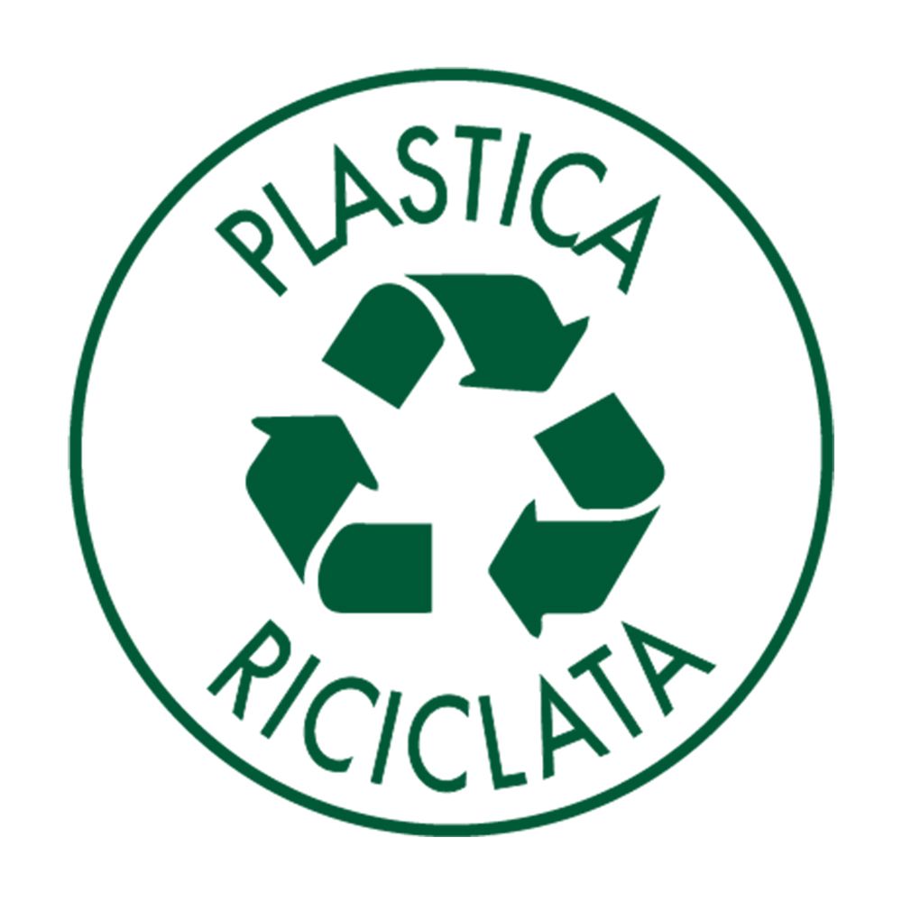 Sigillo rotondo verde con testo 'PLASTICA RICICLATA' e simbolo di riciclaggio.