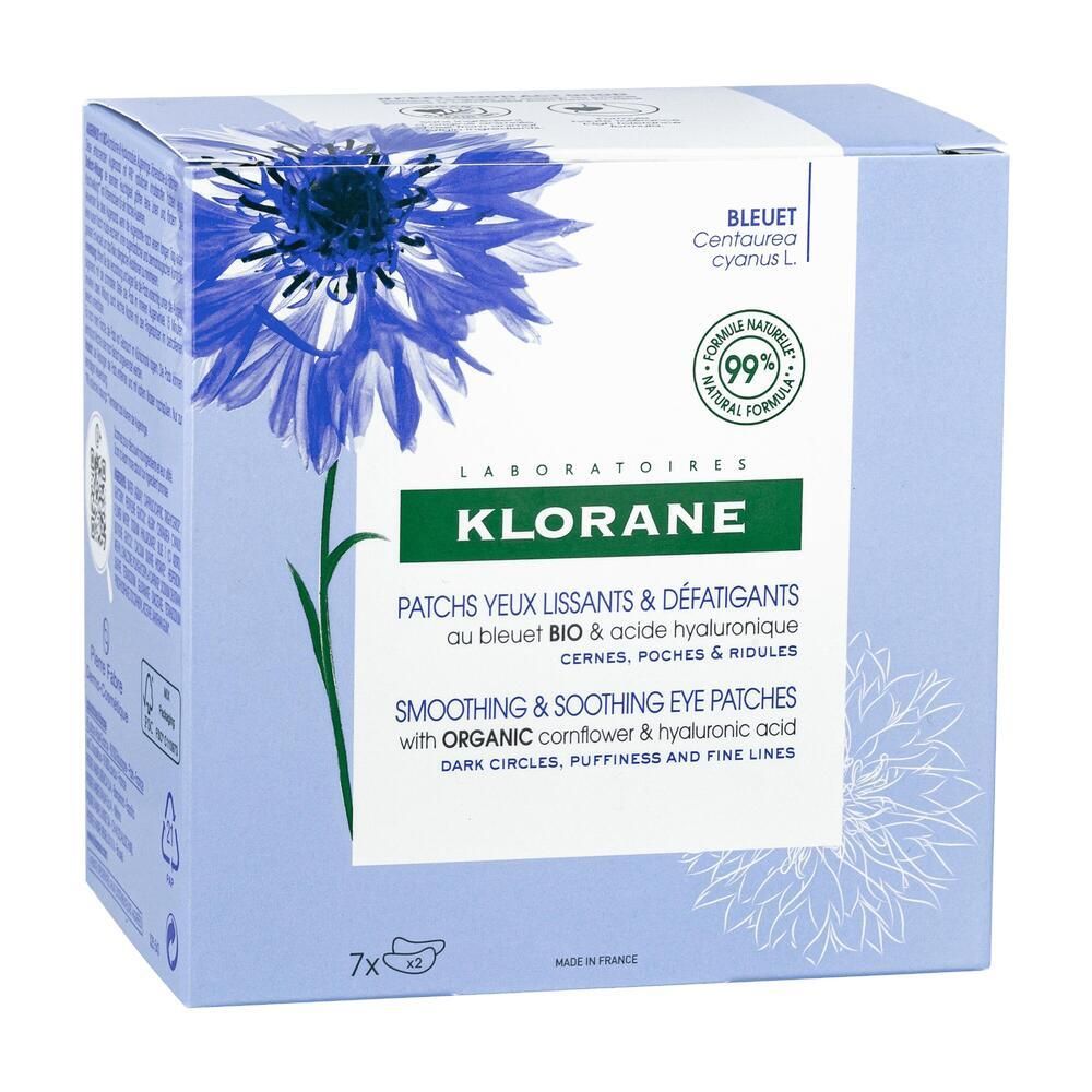 Confezione KLORANE Patch Occhi. Scatola blu con fiore di fiordaliso. Contiene 7x2 patch. Formula naturale al 99%.
