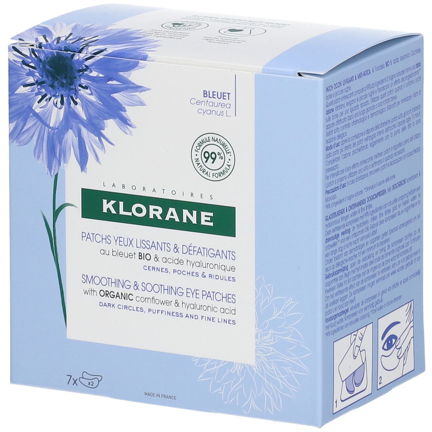 Confezione KLORANE Patch Occhi. Scatola blu con fiordaliso. Contiene 7x2 patch. Informazioni sul prodotto.