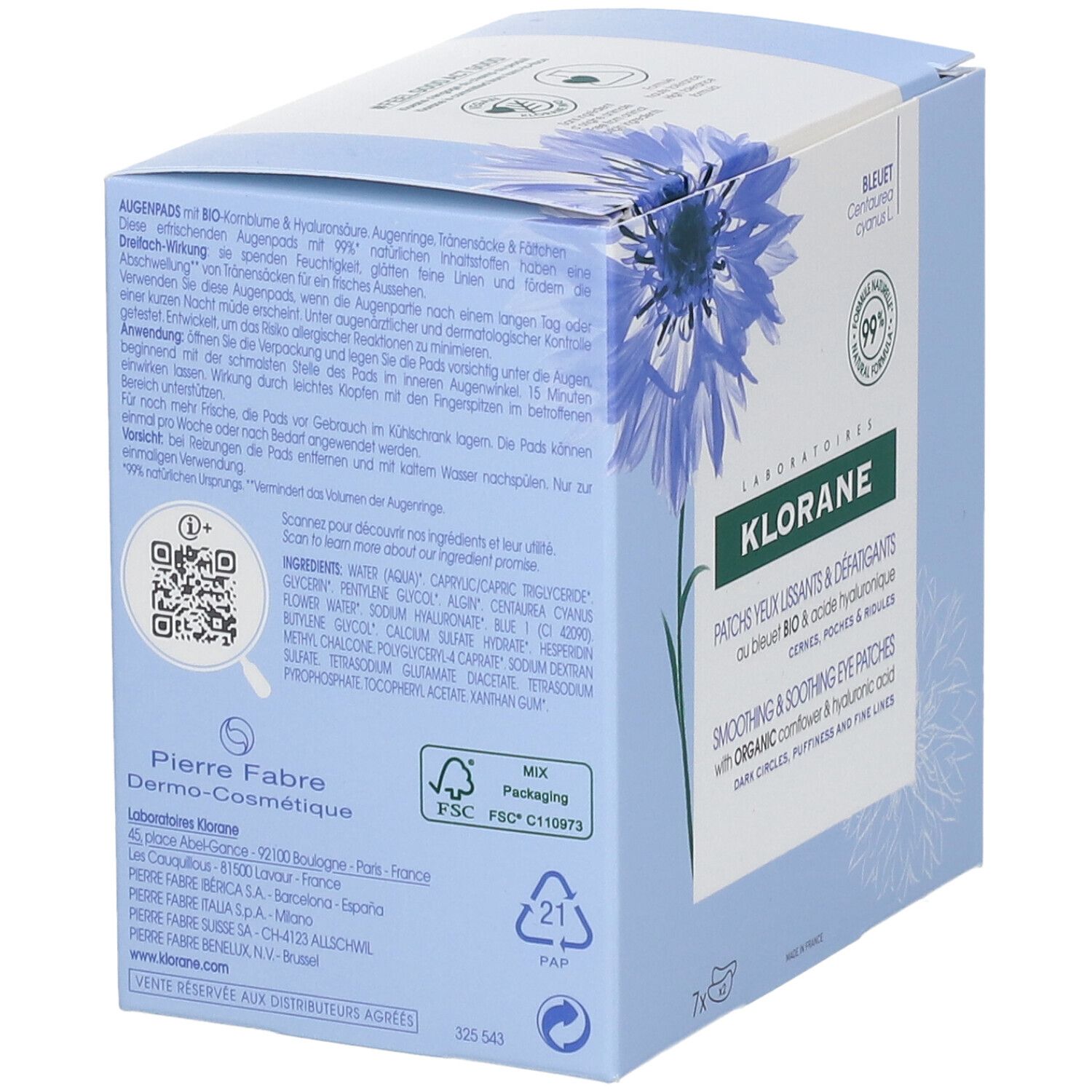 Retro della confezione KLORANE Patch Occhi. Testo in tedesco. Ingredienti, istruzioni per l'uso, certificazioni.