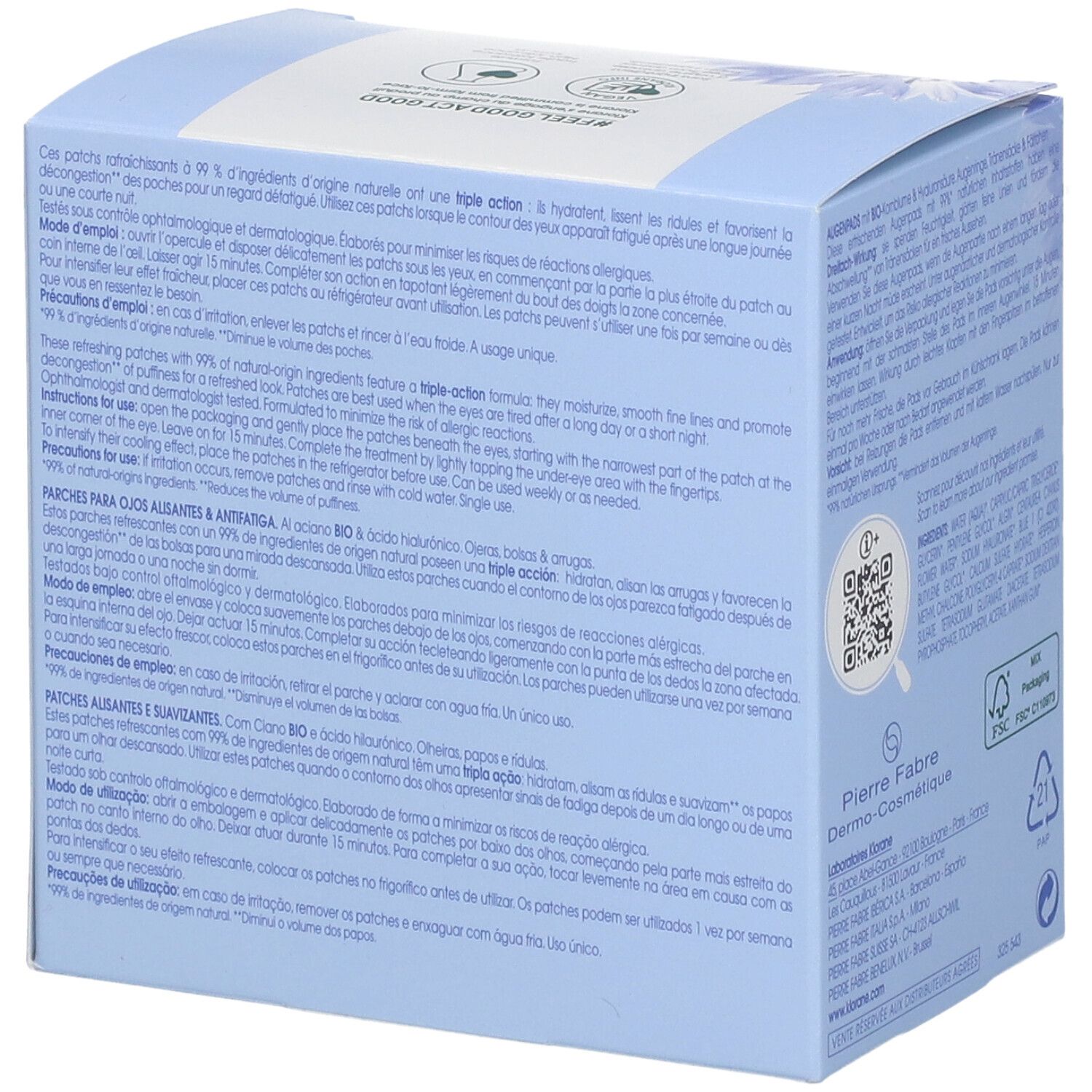Retro della confezione KLORANE Patch Occhi. Testo multilingue. Ingredienti, istruzioni per l'uso.