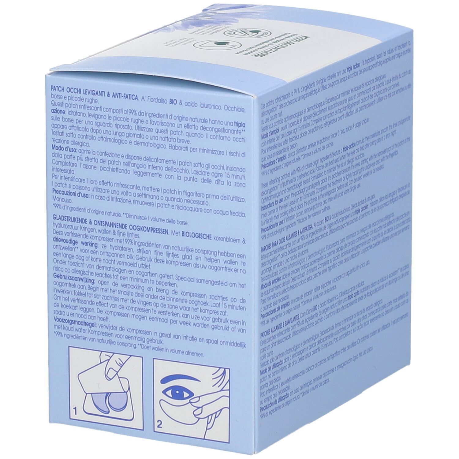 Retro della confezione KLORANE Patch Occhi. Testo in olandese. Ingredienti, istruzioni per l'uso.