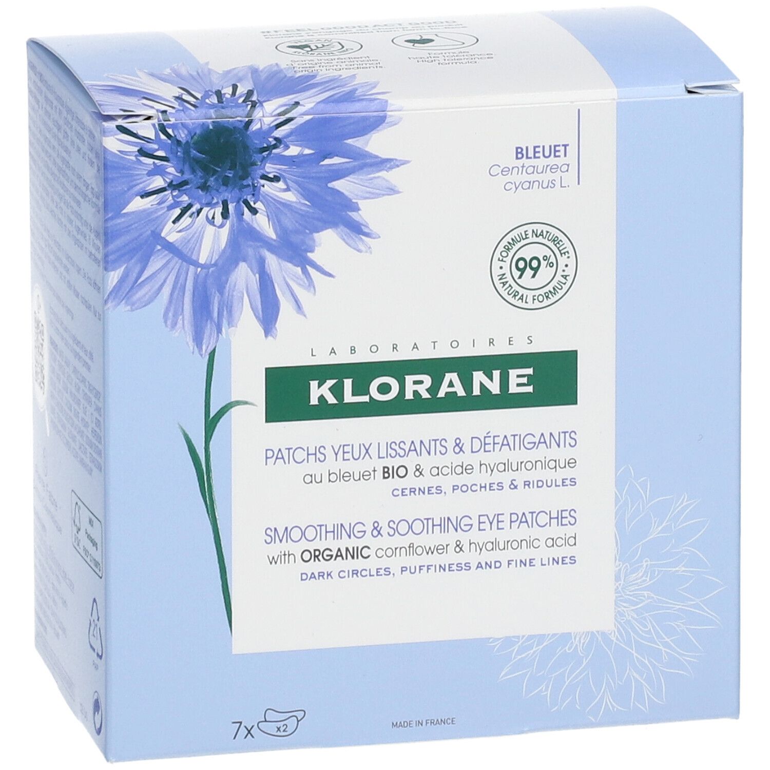 Confezione KLORANE Patch Occhi. Scatola blu con fiordaliso. Contiene 7x2 patch. Formula naturale al 99%.