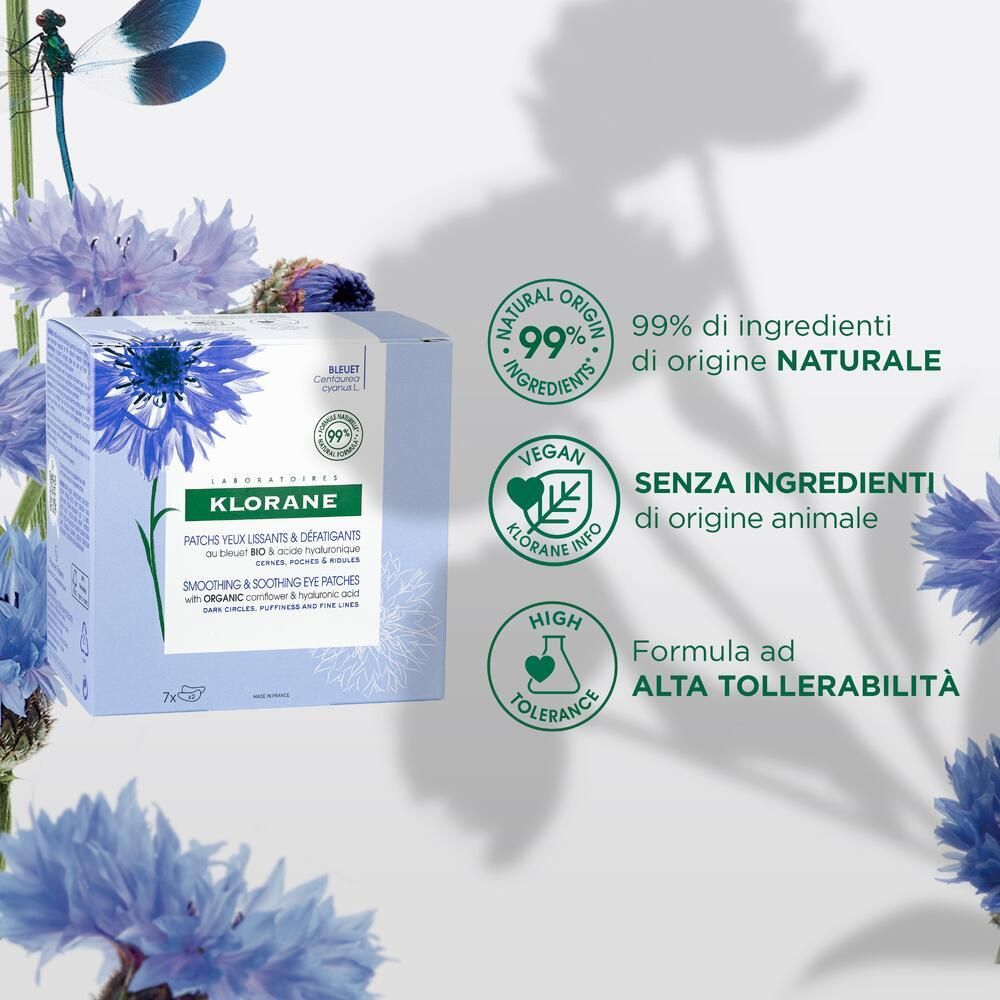 Confezione KLORANE Patch Occhi con certificazioni. 99% ingredienti naturali, vegano, alta tollerabilità. Con fiordalisi.