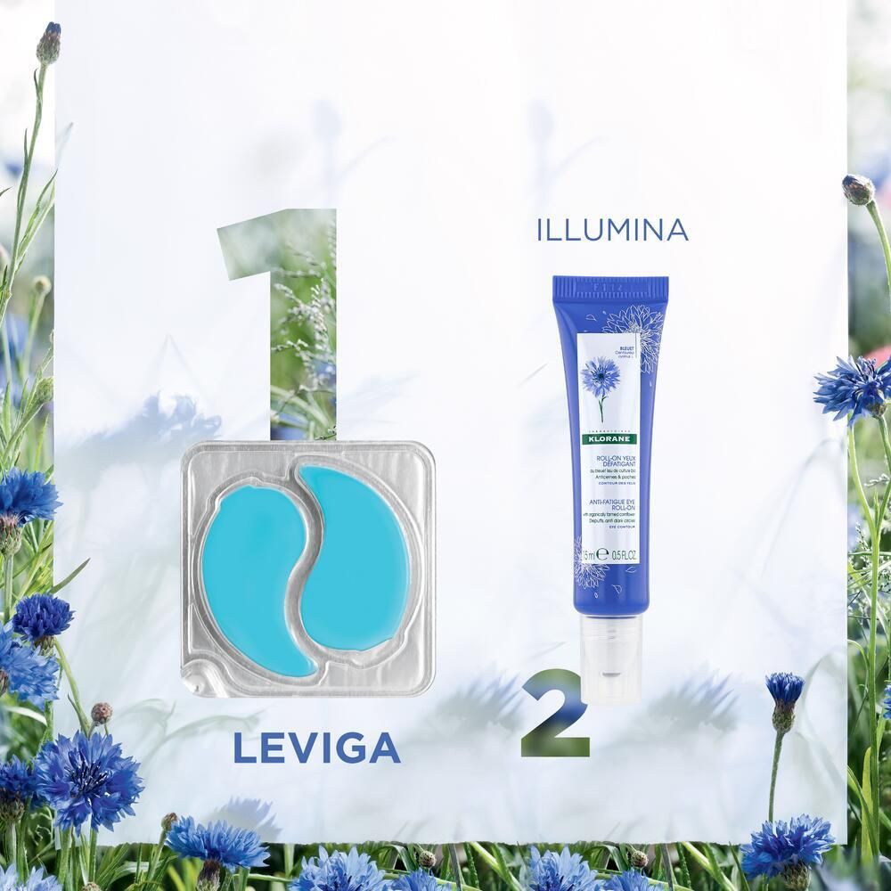 Illustrazione prodotto: patch e crema occhi. Patch in confezione argento. Crema occhi in tubo blu.