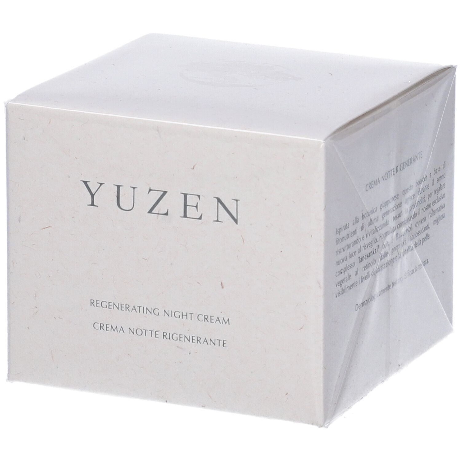 Scatola bianca con scritta "YUZEN" e "Regenerating Night Cream". Confezionata in pellicola.