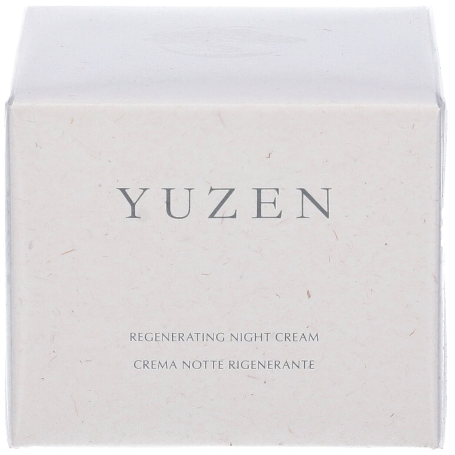 Scatola bianca con "YUZEN", "Regenerating Night Cream" e "Crema Notte Rigenerante".