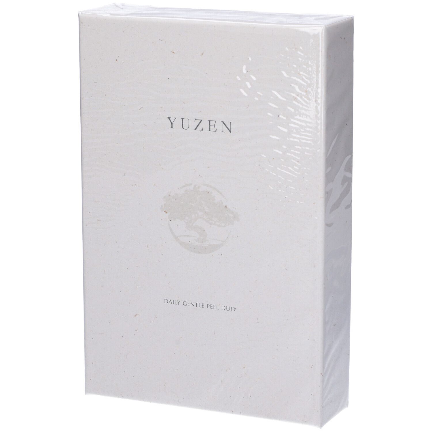 Scatola bianca sigillata. Scritta Yuzen, logo e Daily Gentle Peel Duo.