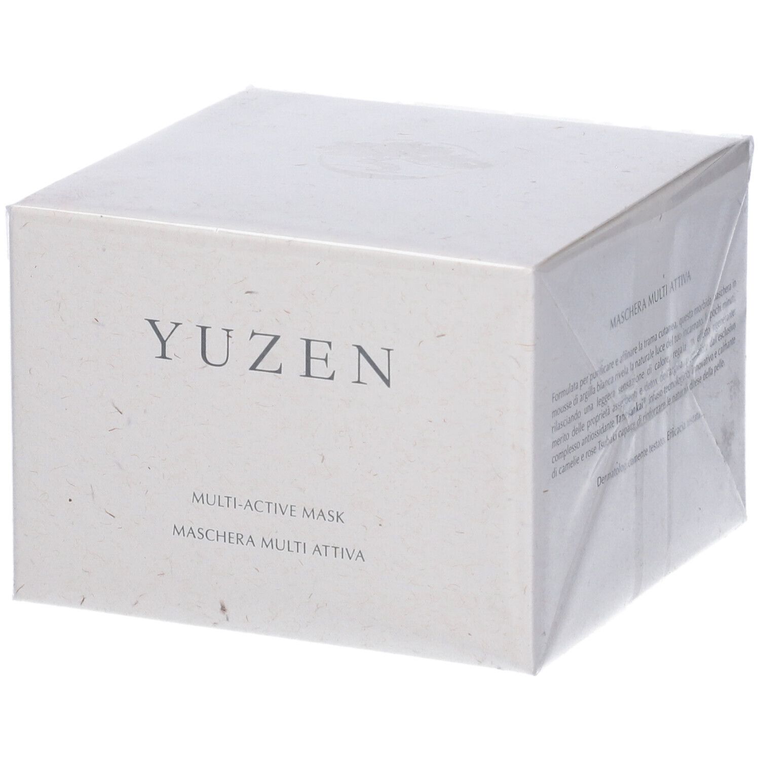 Confezione quadrata Yuzen. Testo: Multi-Active Mask, Maschera Multi Attiva. Confezionato in plastica trasparente.