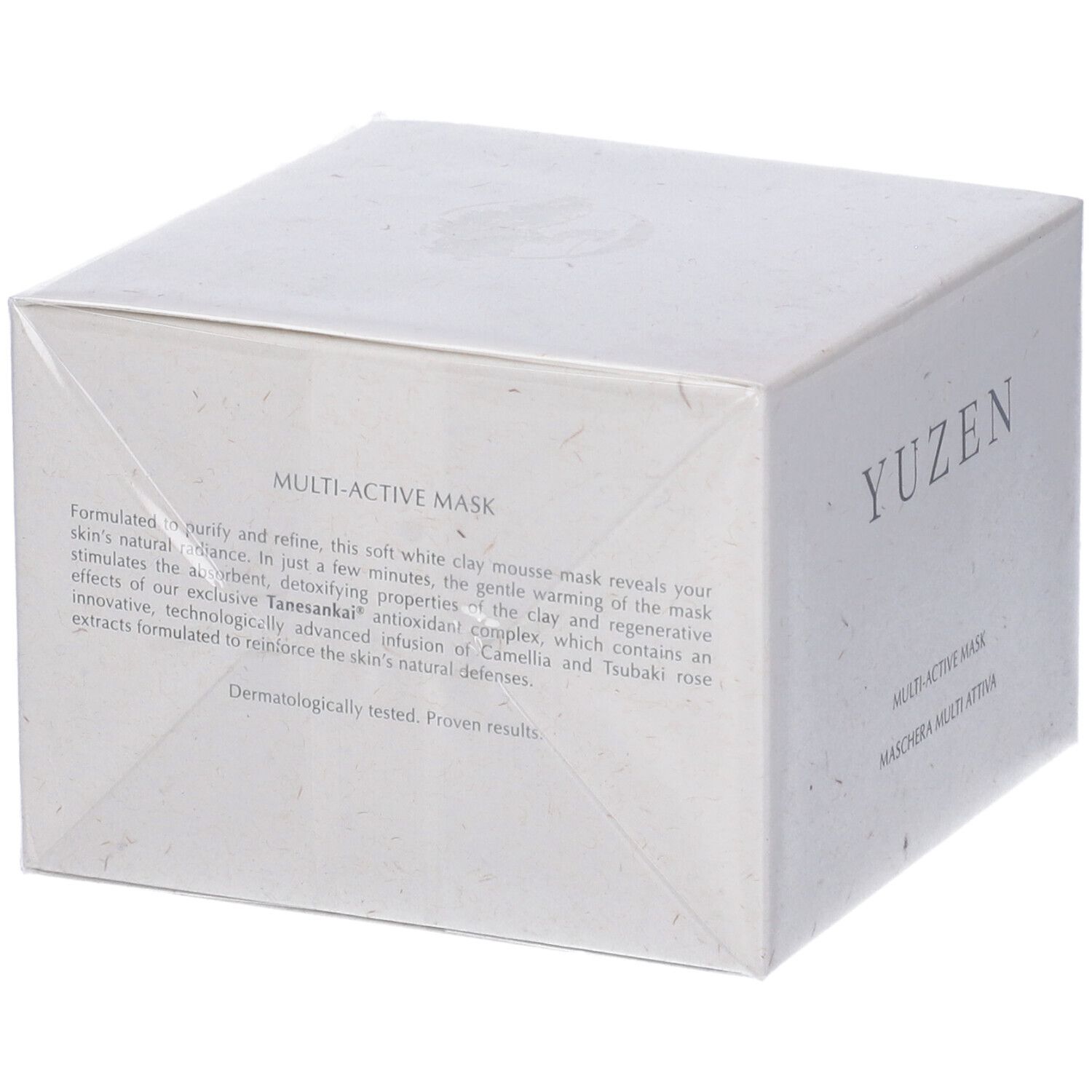 Confezione Yuzen. Testo: Multi-Active Mask. Testo descrittivo in inglese. Dermatologicamente testato. Risultati provati.