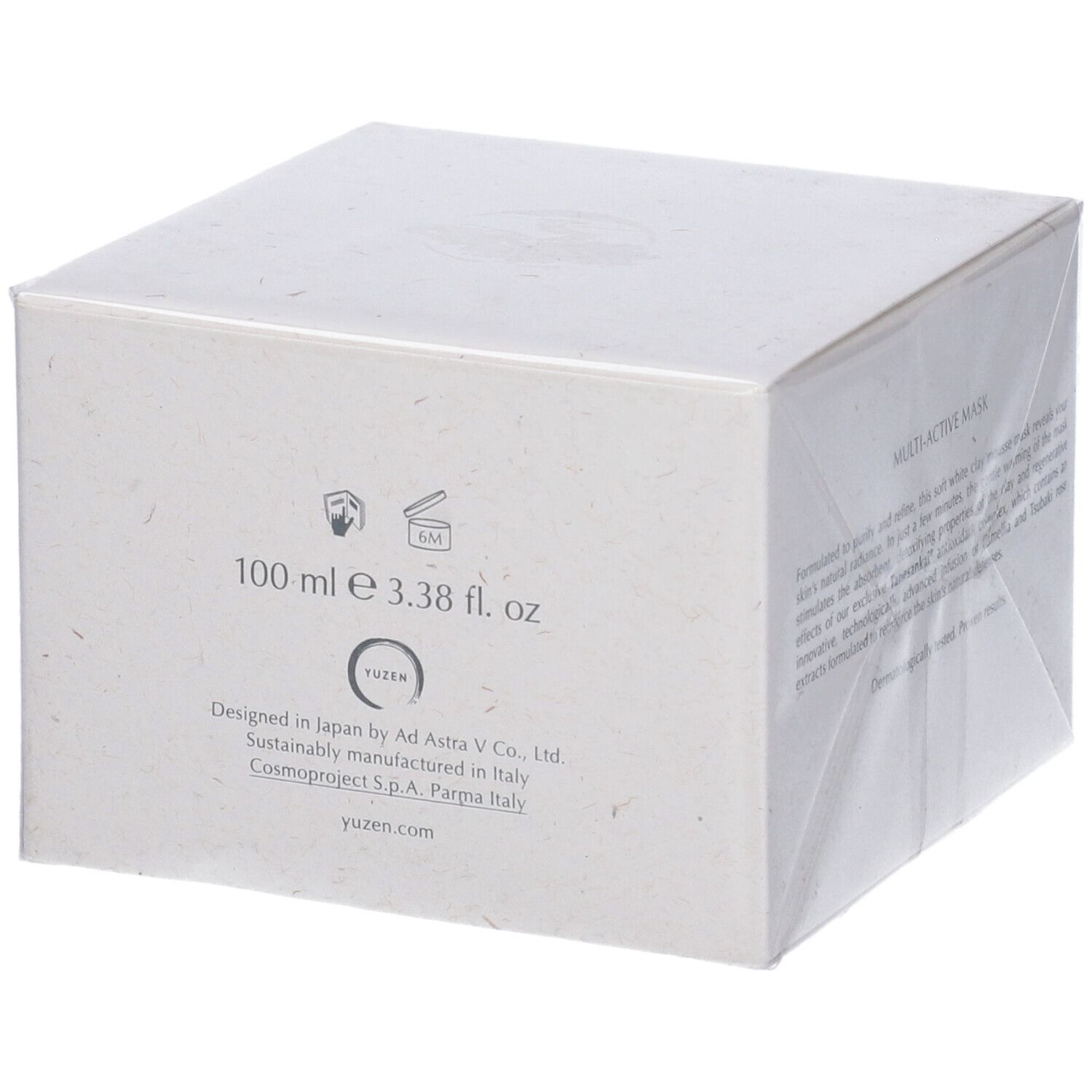 Confezione Yuzen, testo: Multi-Active Mask. 100 ml, 3.38 fl. oz. Prodotto in Giappone. Prodotto in modo sostenibile in Italia.
