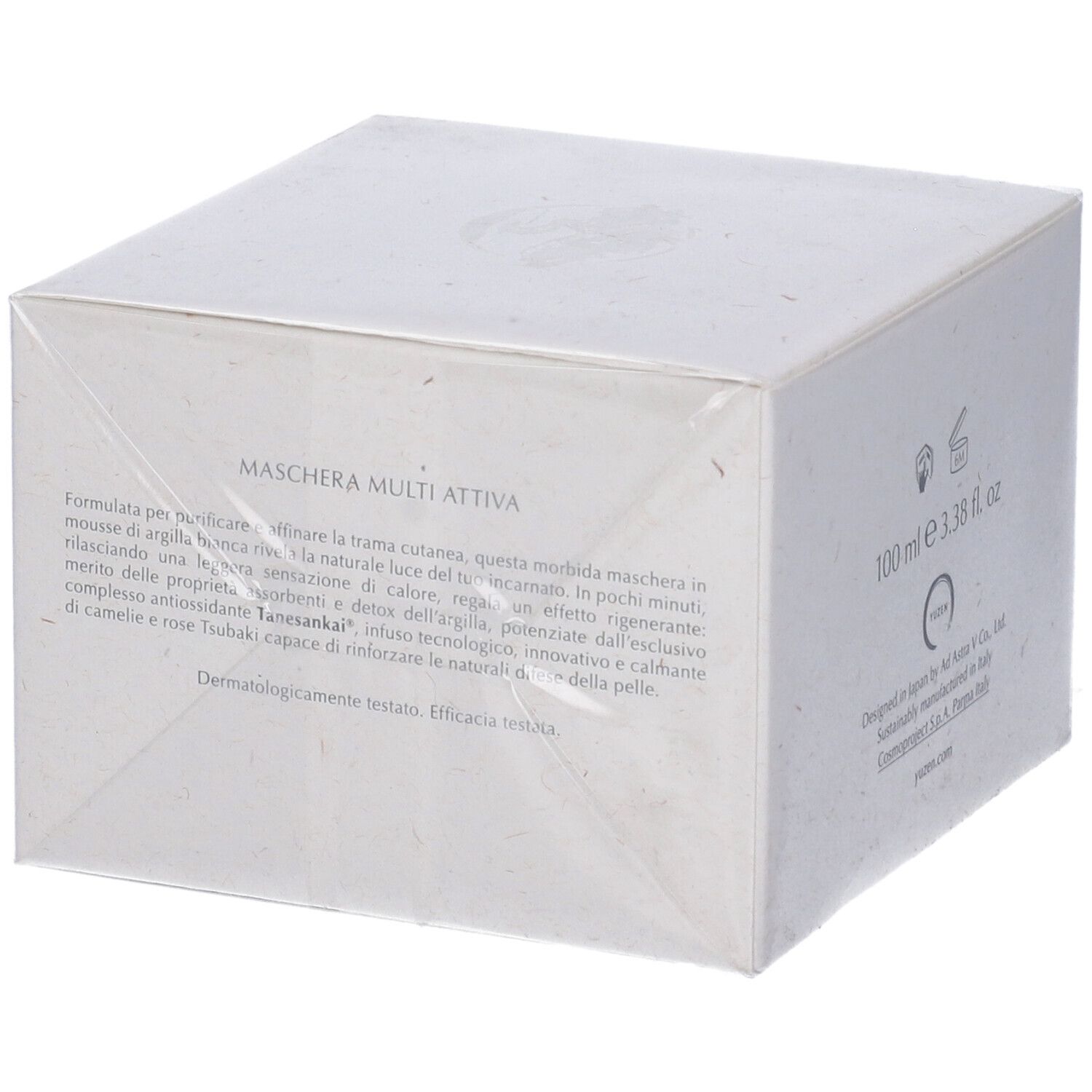 Confezione Yuzen, testo: Maschera Multi Attiva. Testo descrittivo in italiano. 100 ml, 3.38 fl. oz.