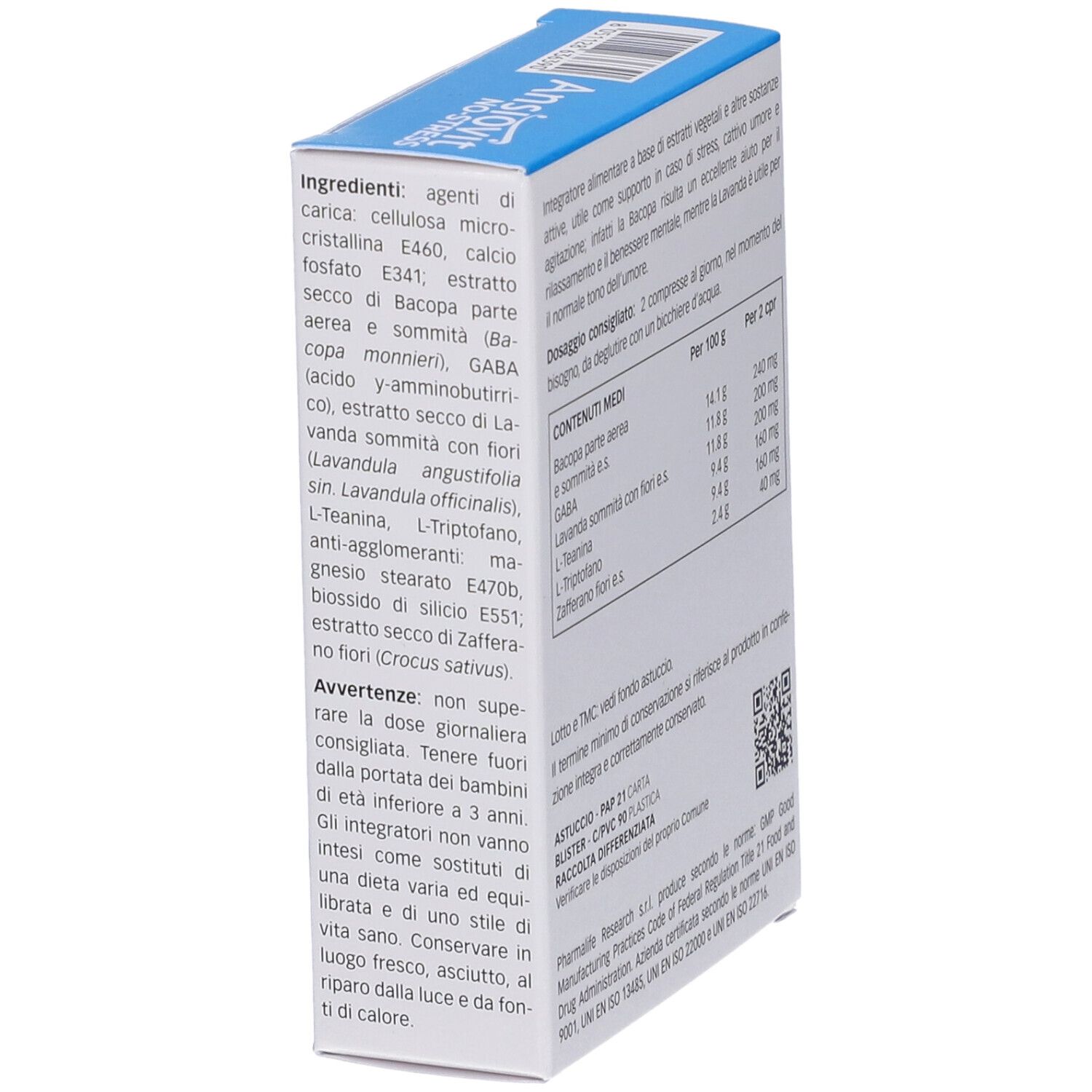 Verpackung mit Zutatenliste und Dosierungshinweisen.