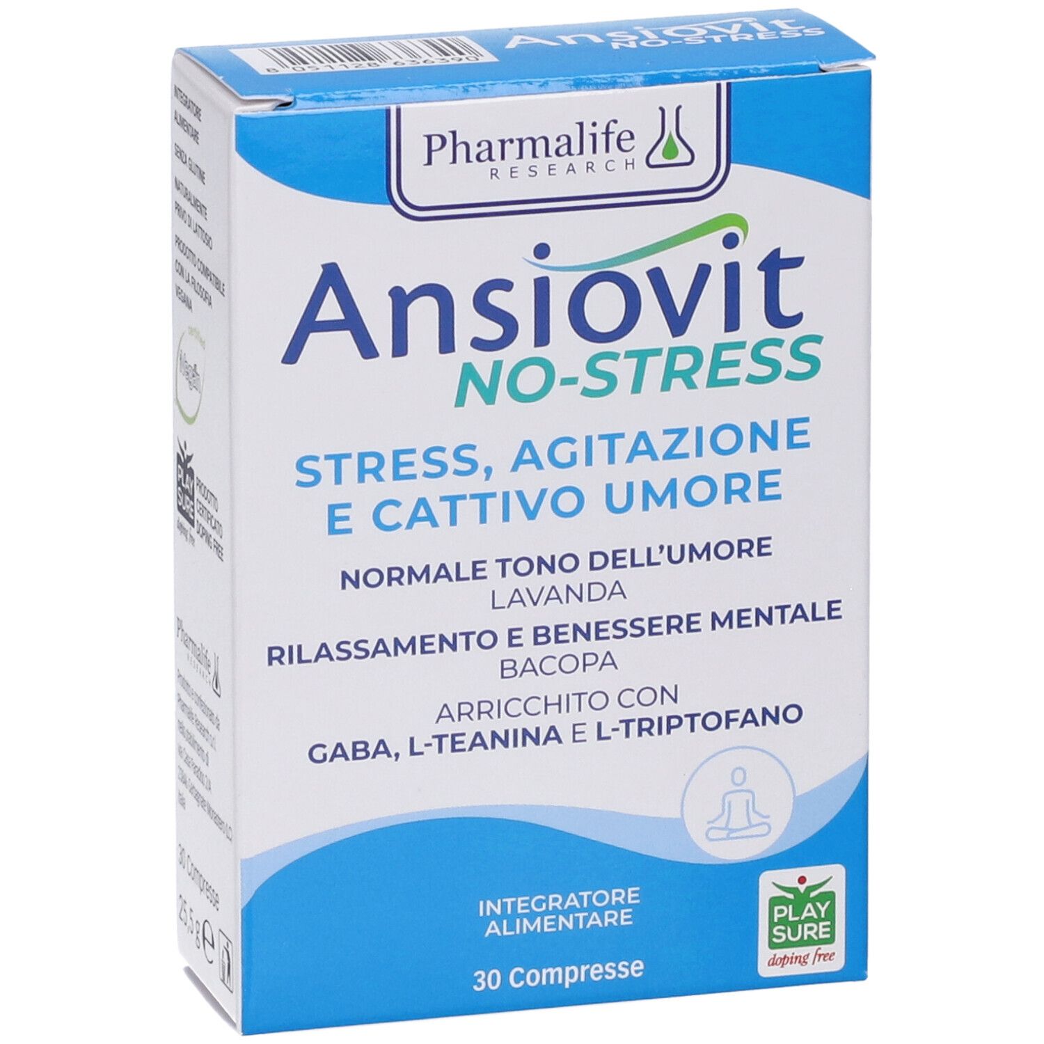 Verpackung für Ansiovit NO-STRESS Nahrungsergänzungsmittel mit 30 Tabletten, vegan zertifiziert.
