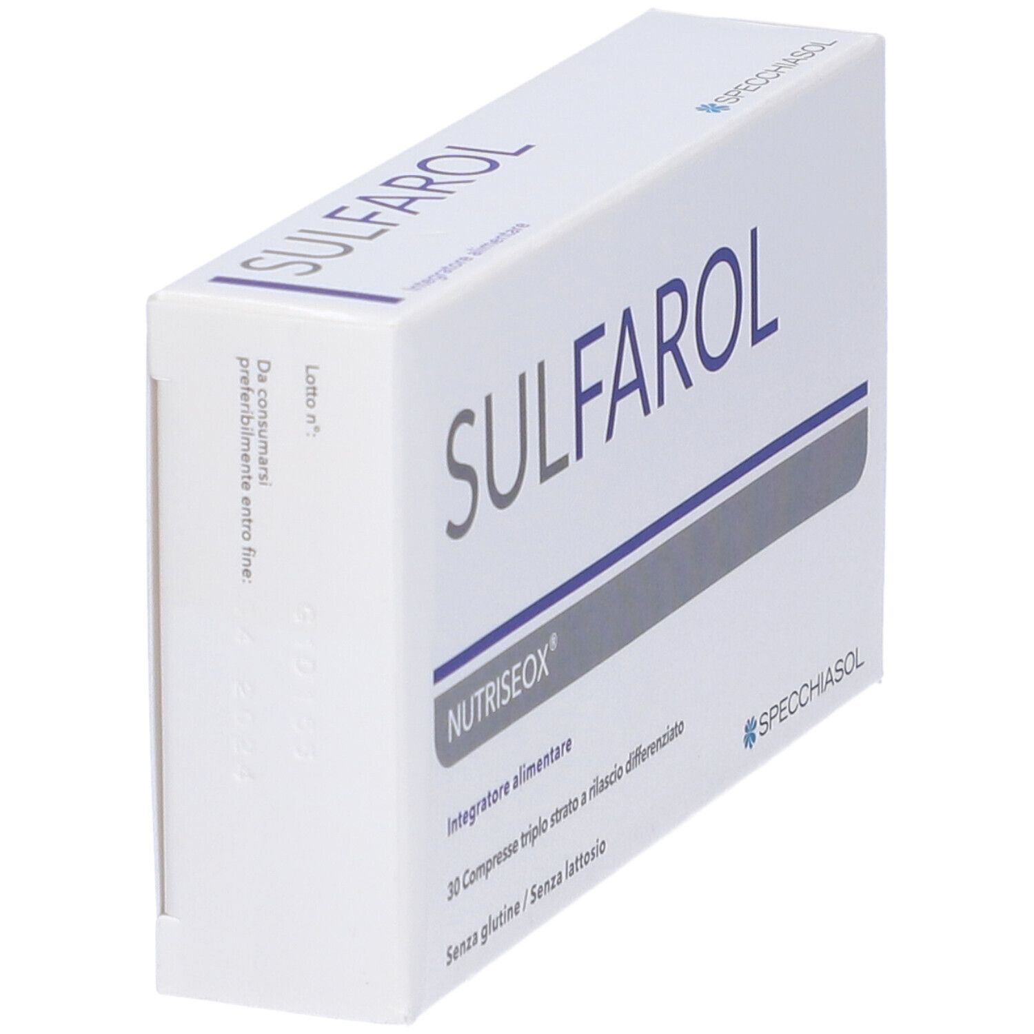 Weiße Schachtel mit blauer Schrift SULFAROL. Enthält 30 Tabletten. Marke Specchiasol. Winkelansicht.